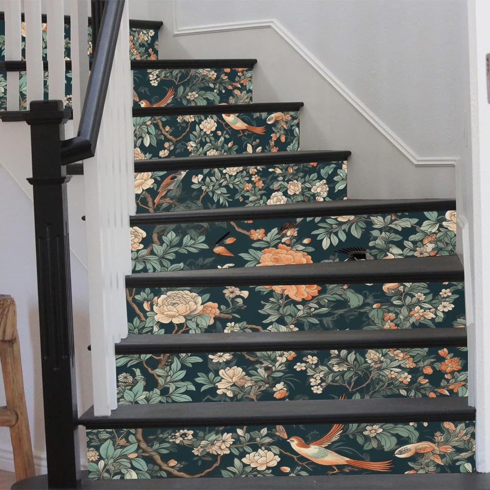 REDAMANCY Vintage Peony Flowers Bird Forest Tree Peel and Stick Vinyl Stair R…