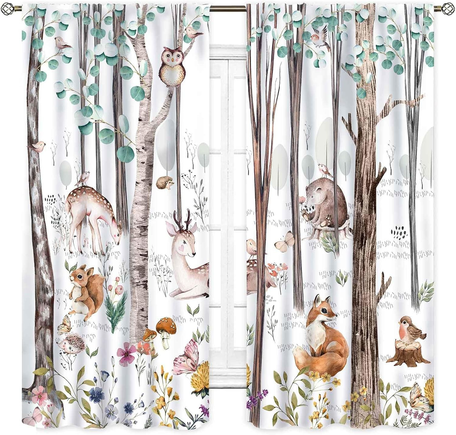 Woodland Curtains for Kids Room Nursery, Rustic Woodland Wild Animals Watercolor