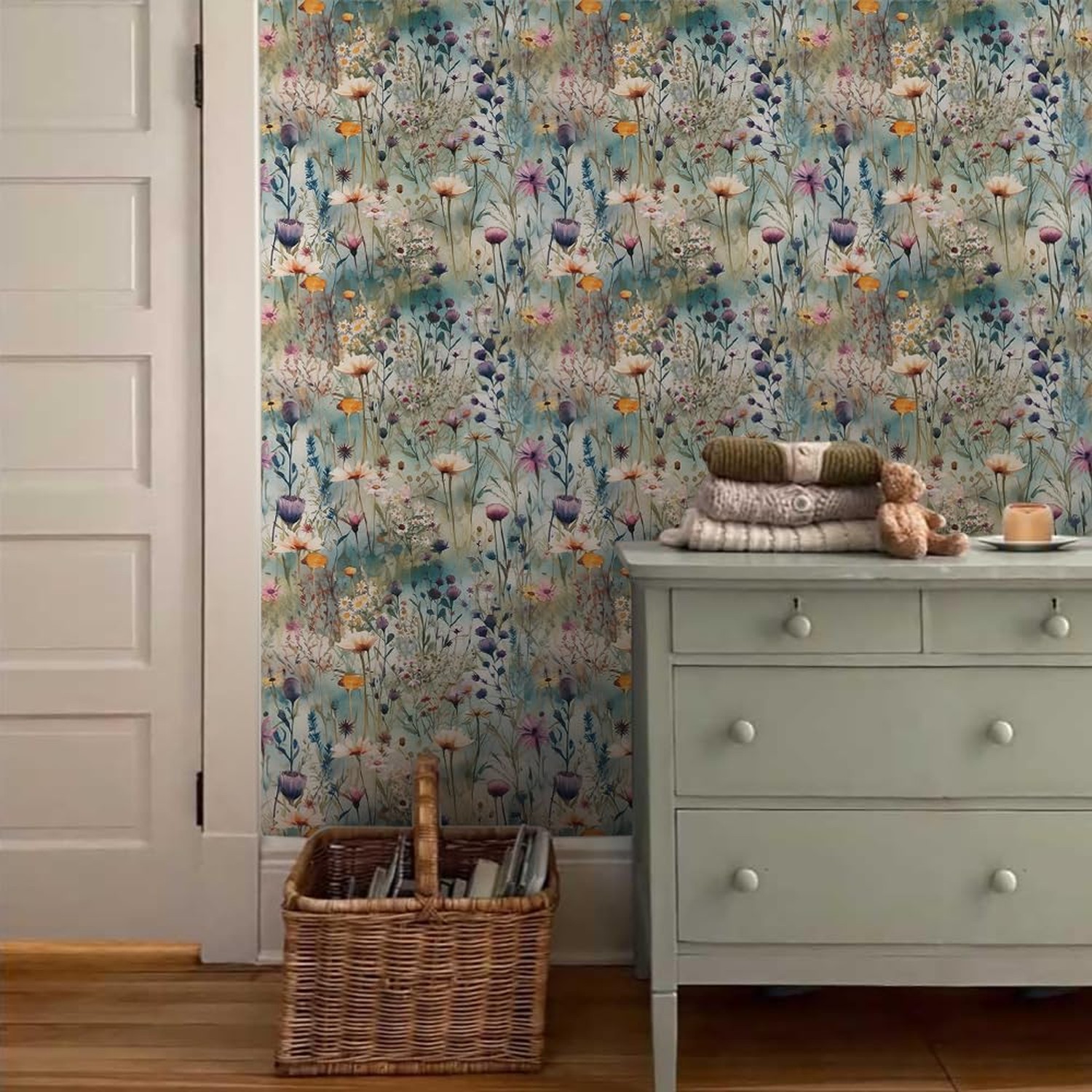 Watercolor Blue Green Purple Beige Wildflower Peel and Stick Wallpaper Wall D…