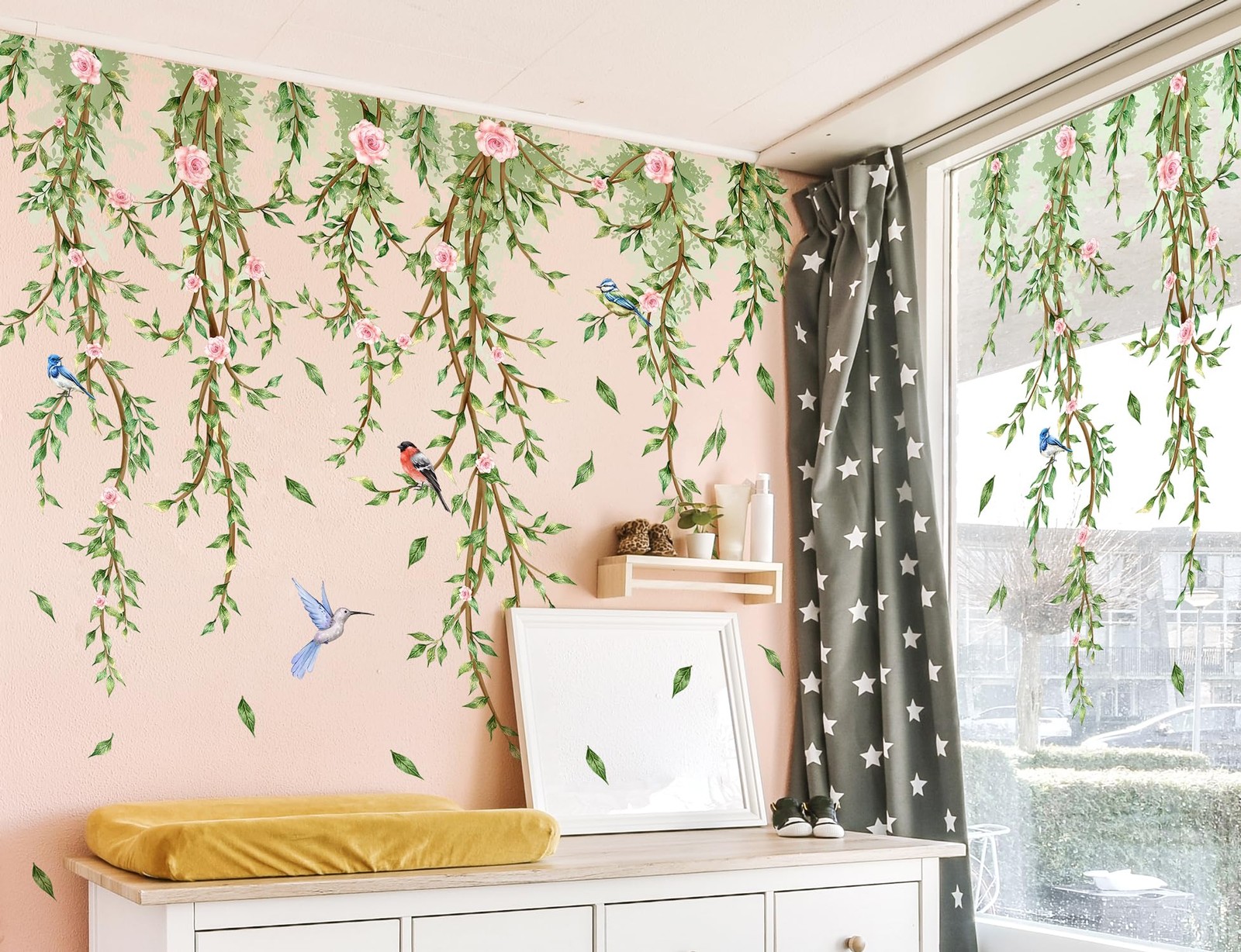 Hanging Vine Wall Decals Removable Birds Green Leaf Wall Stickers Peel and St…