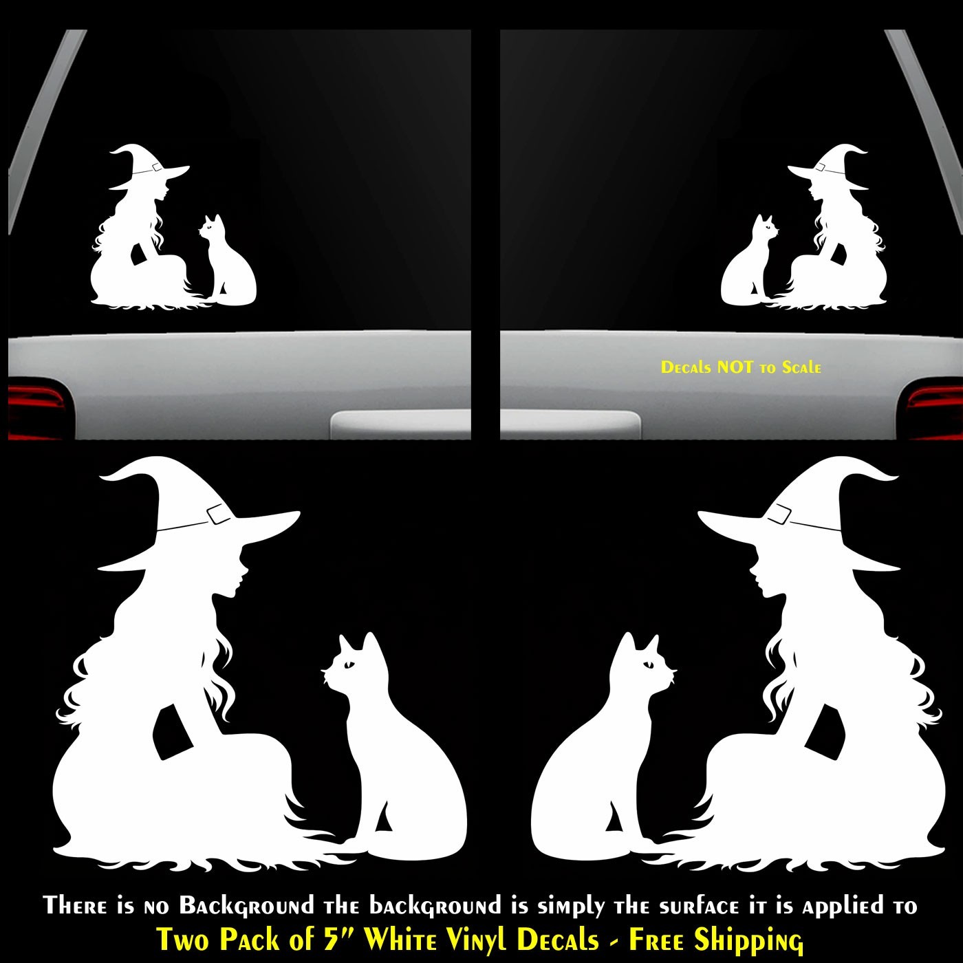 Pretty Witch with Cat Two 5" White Vinyl Decals Car Window Any Flat Surface