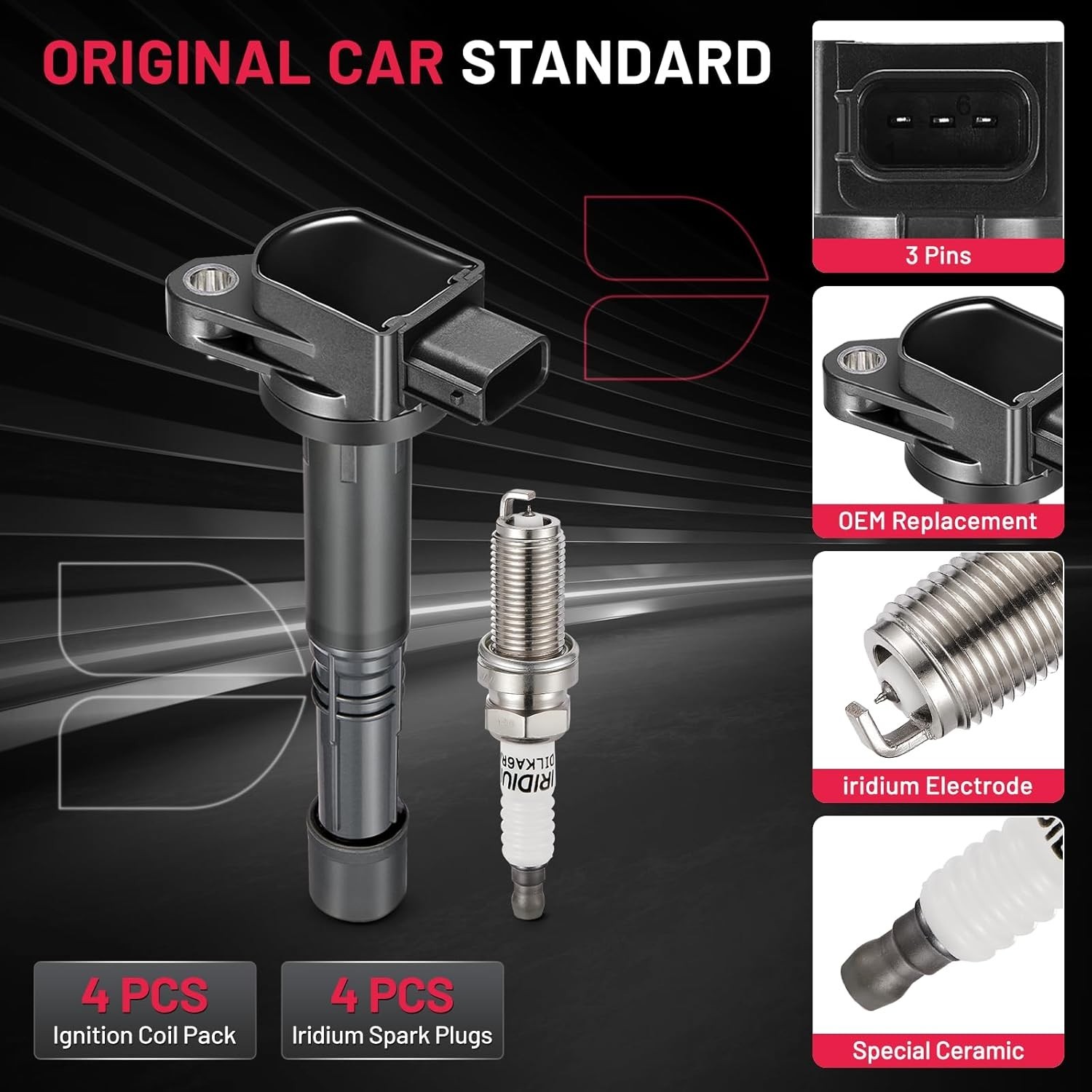 Ignition Coil Pack and Iridium Spark Plugs Compatible with Acura RSX Honda Accor