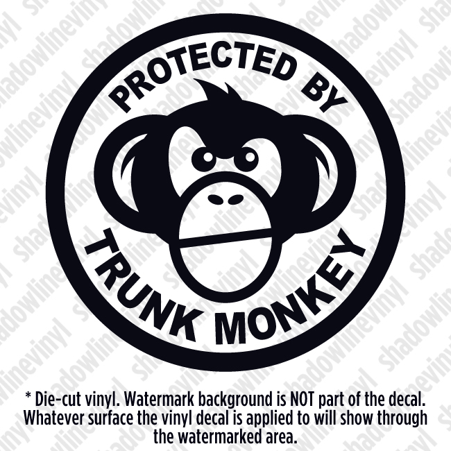 PROTECTED BY TRUNK MONKEY Vinyl Decal Sticker Button Funny Meme Chimpanzee JDM