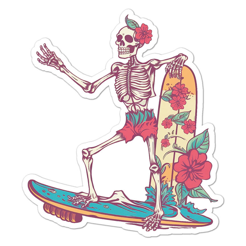 Hibiscus Skeleton Surf, Vinyl Decal Sticker, Indoor Outdoor, 3 Sizes, #9118