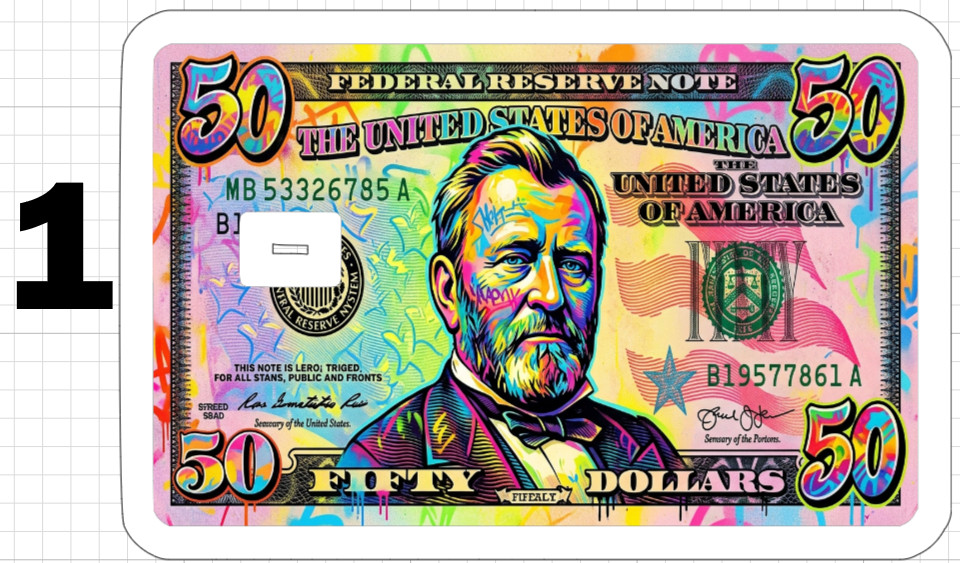 50 Dollar Bill Credit Debit ATM Gift Card Skin Sticker Graffiti Art Neon Trippy