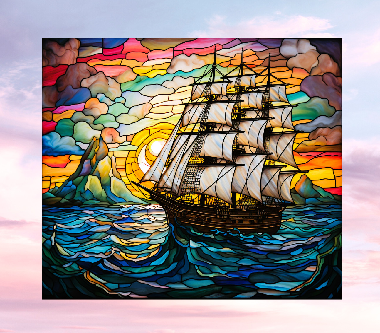 Sailing Ship at Sunset Faux Stained-Glass WINDOW CLING Size 9.1" Vinyl