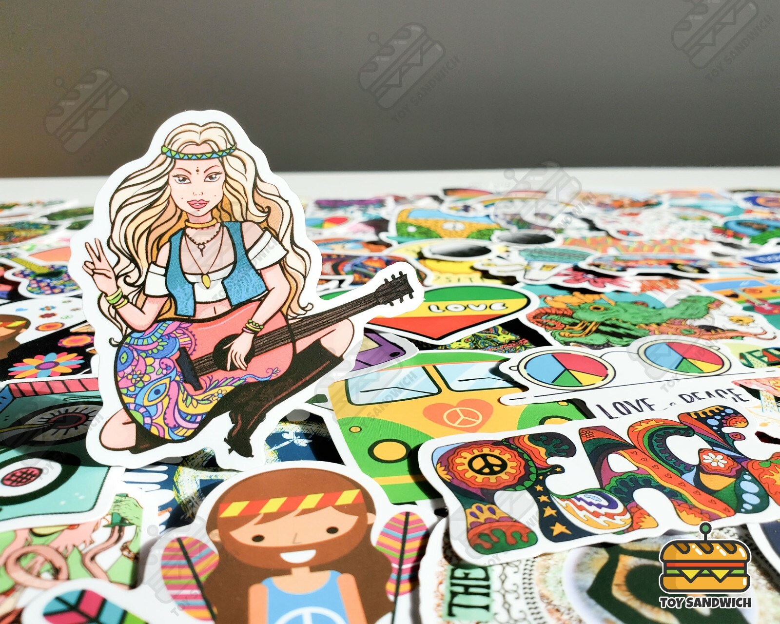 100 pcs "Hippie" Sticker Pack Peace Boho Decor Guitar Bohemian Hobonichi Decals