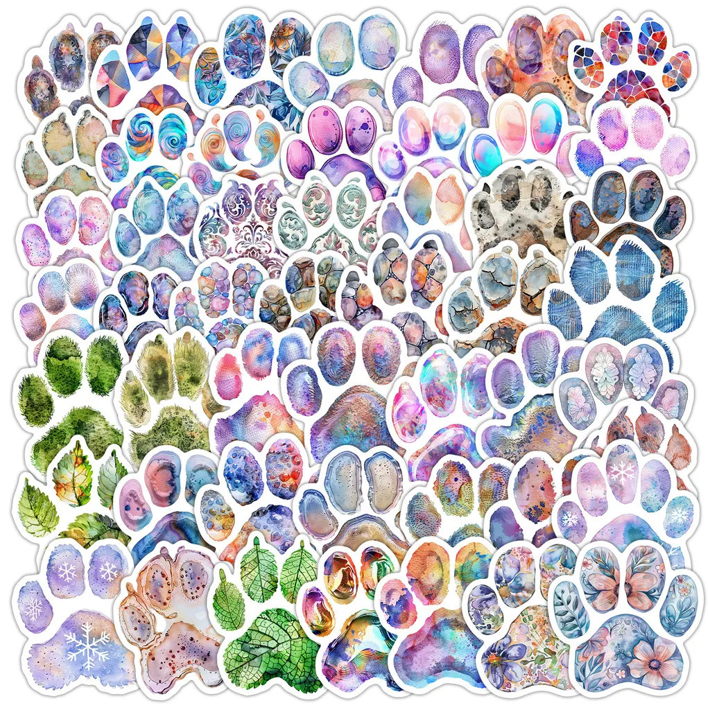 50PCS Watercolor Paw Print Graffiti Stickers – Cartoon Cat Footprint Decor for W