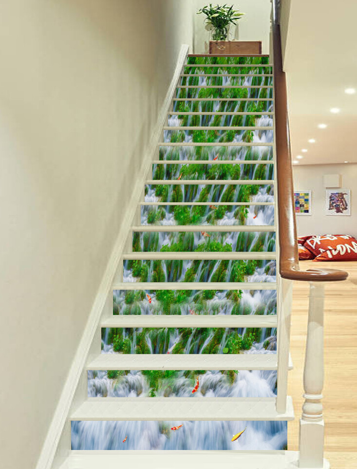 3D Waterfall Goldfish AZ353 Stair Risers Decoration Mural Vinyl Wallpaper Kay