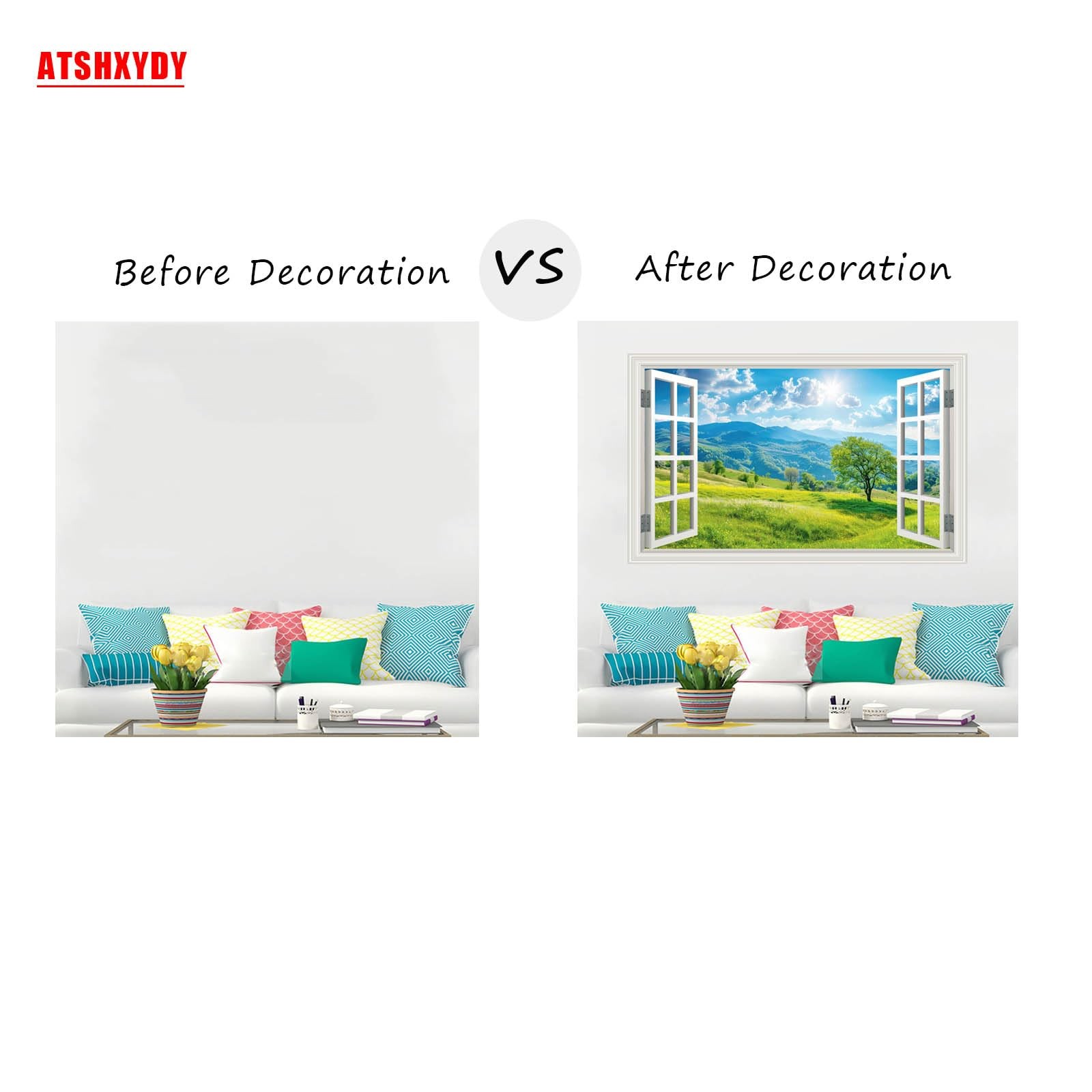 Fake Window Wall Sticker Summer Mountain Grassland Green Forest Tree Faux Win…