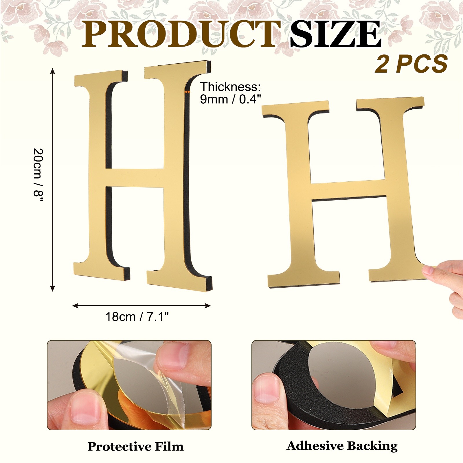 2Pcs Mirror Sticker 3D Letter H 8 Inch Light Gold for Wall Decor