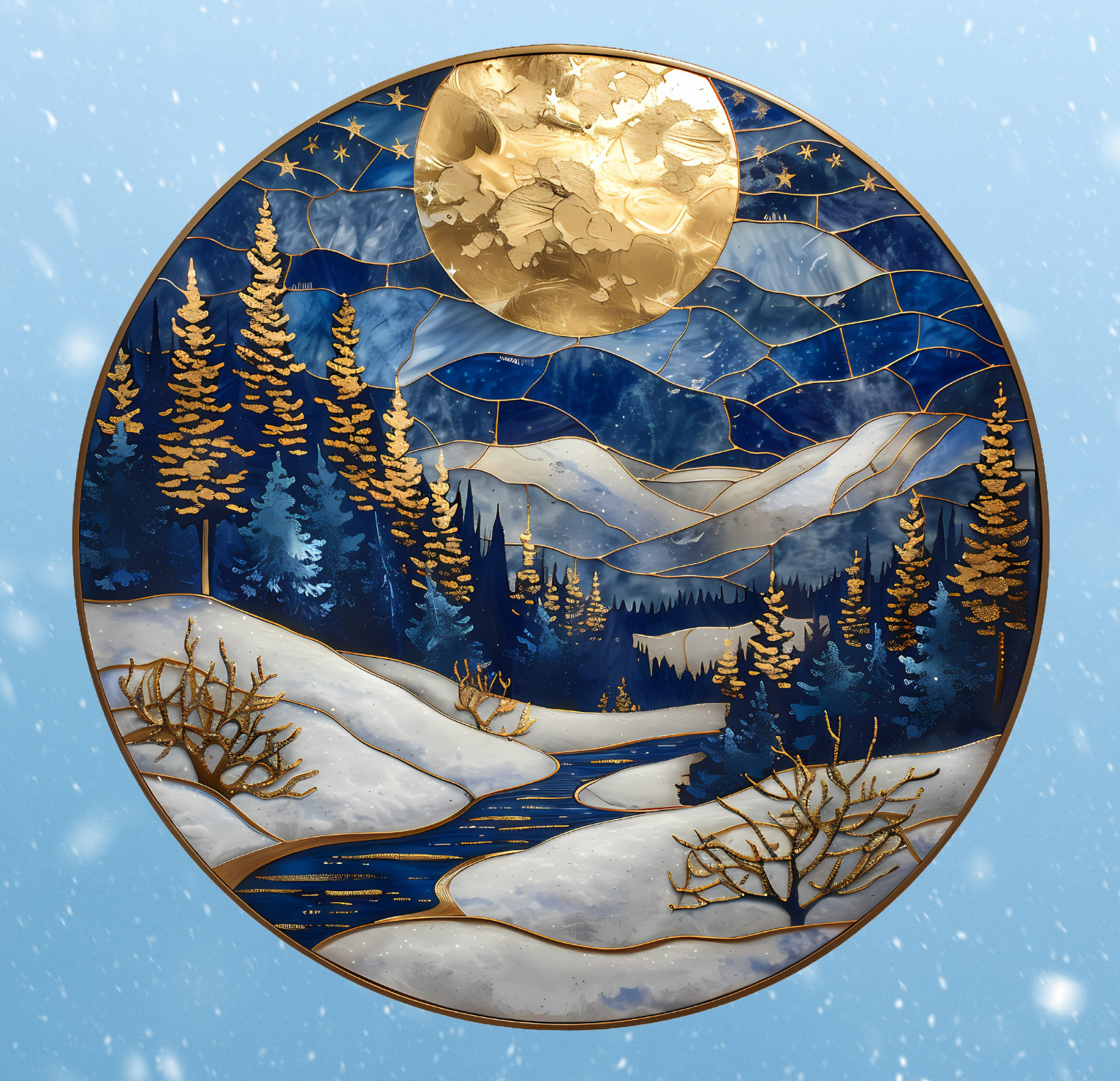 Winter Landscape & Full Moon Faux Stained Glass WINDOW CLING Size 8" Round Vinyl