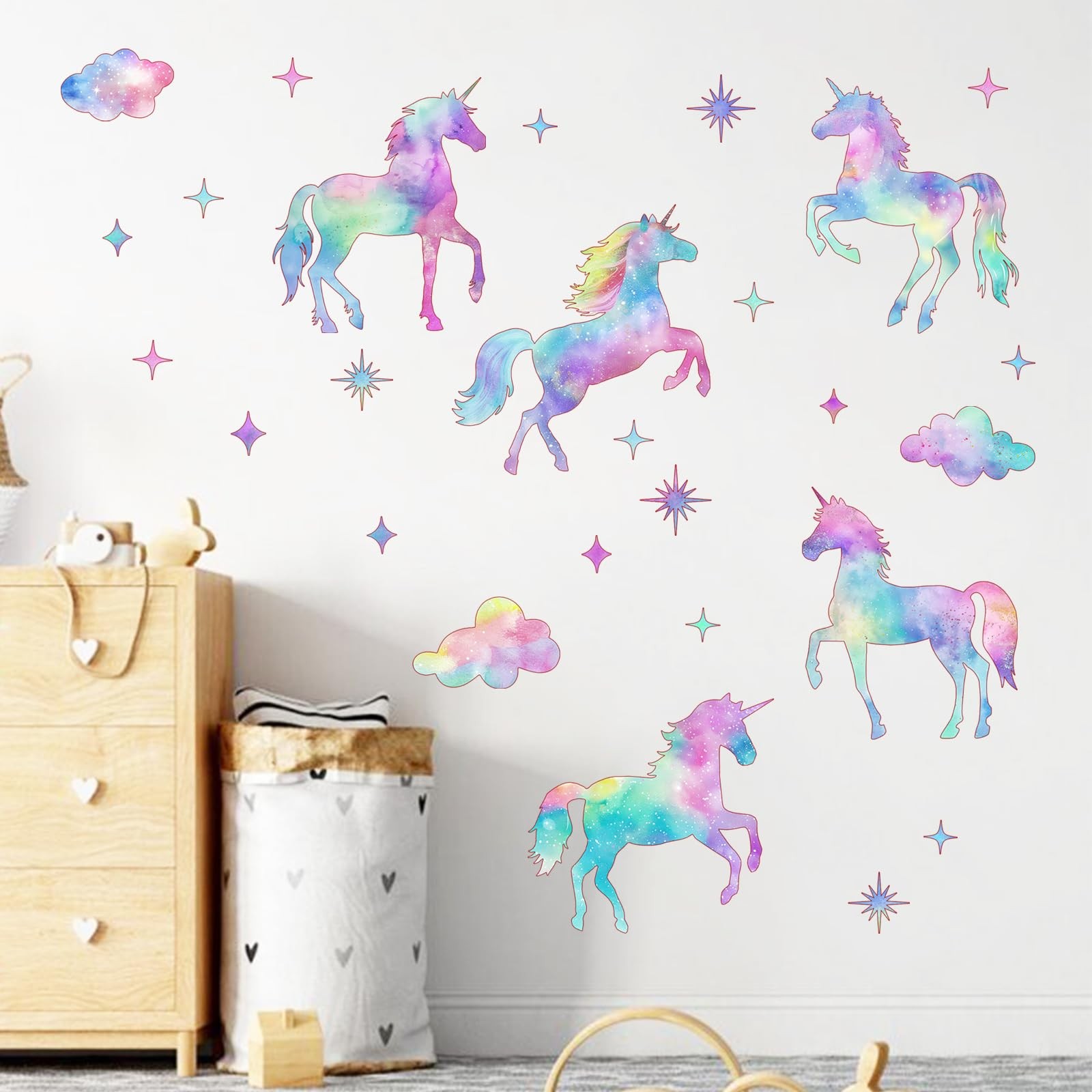 Galaxy Unicorn Wall Decals Stickers, Pastel Gradient Glitter Clouds Stars Nur…