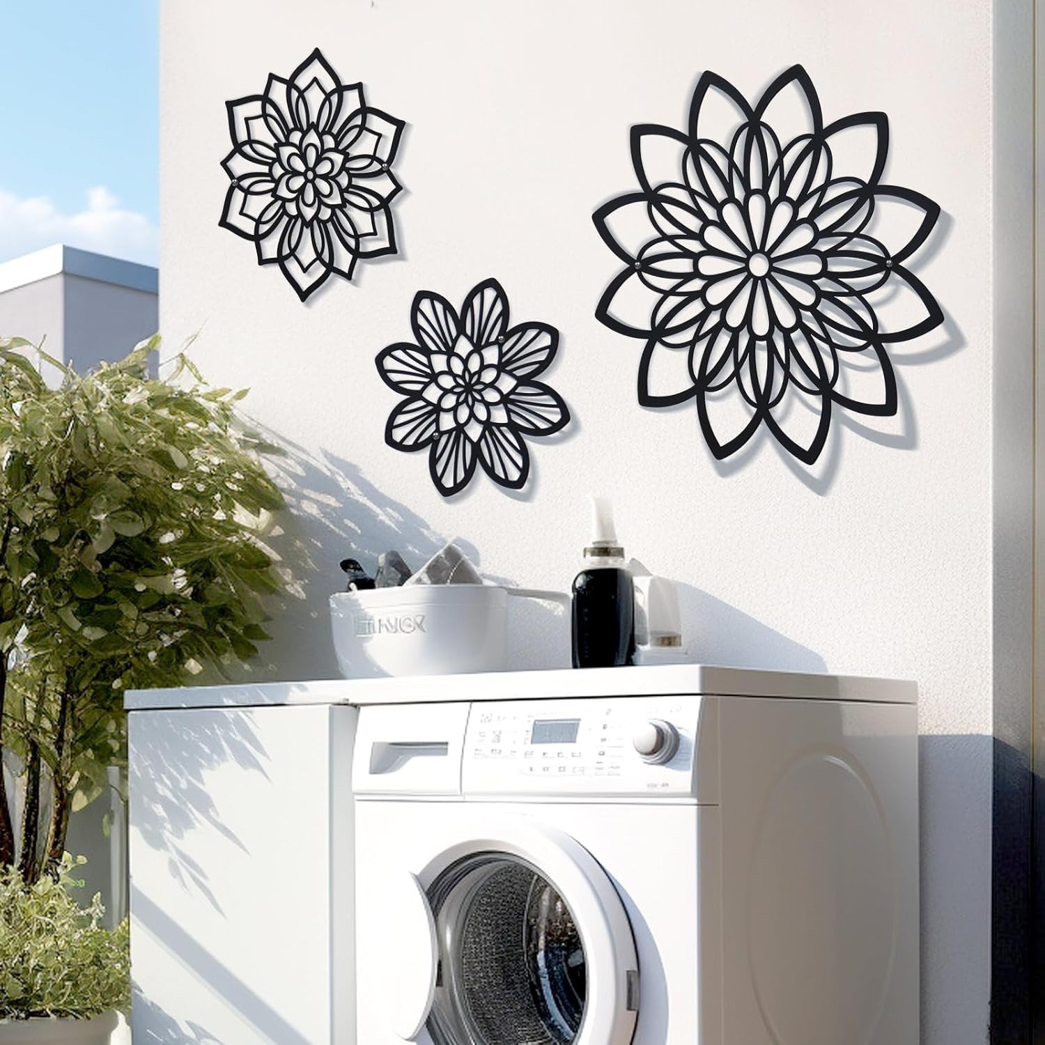 Metal Flower Wall Decor Set Farmhouse Black Flower Art Hanging Sculpture