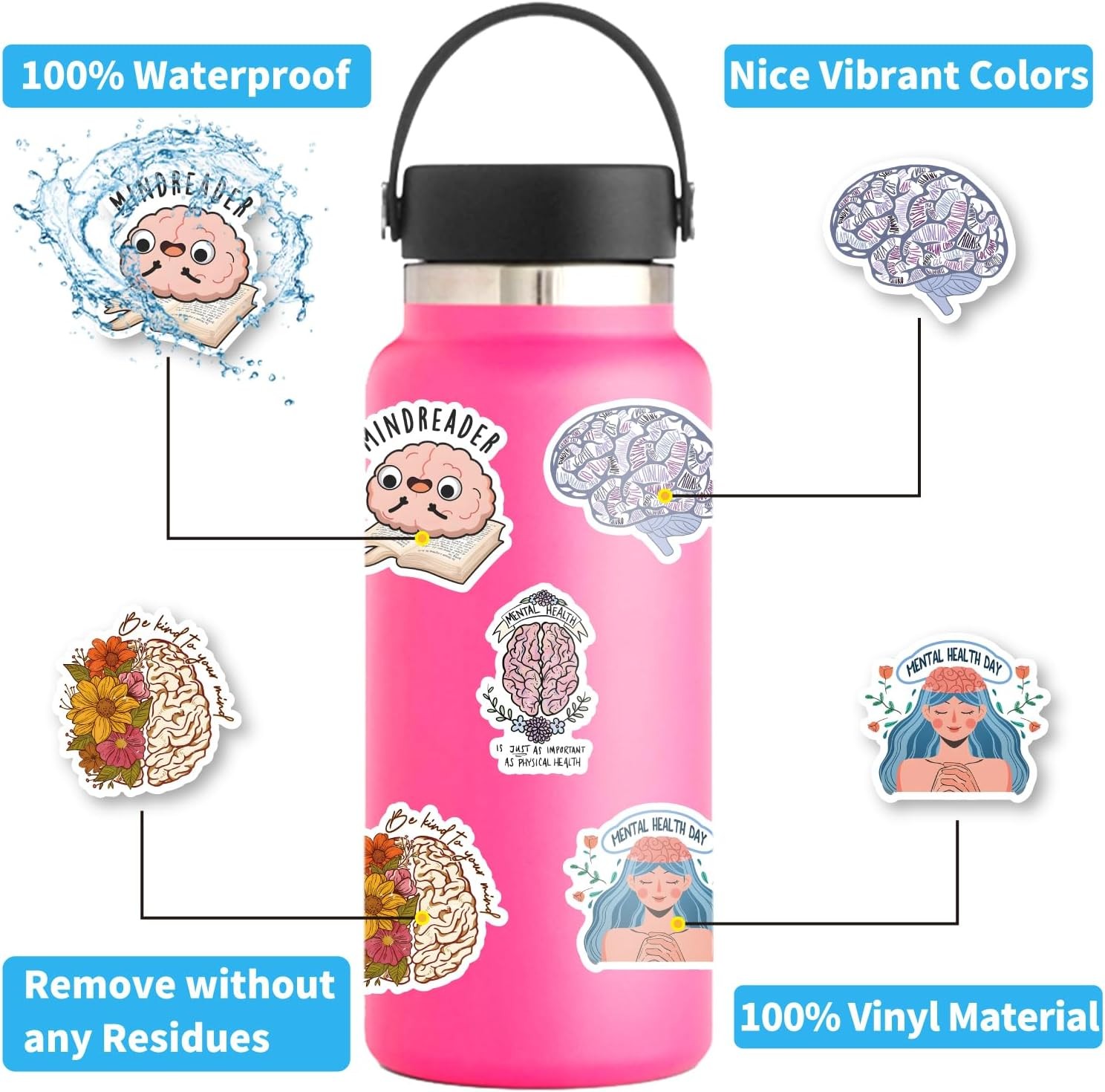 50 Pcs Brain Stickers Pack | Colorful Vinyl
