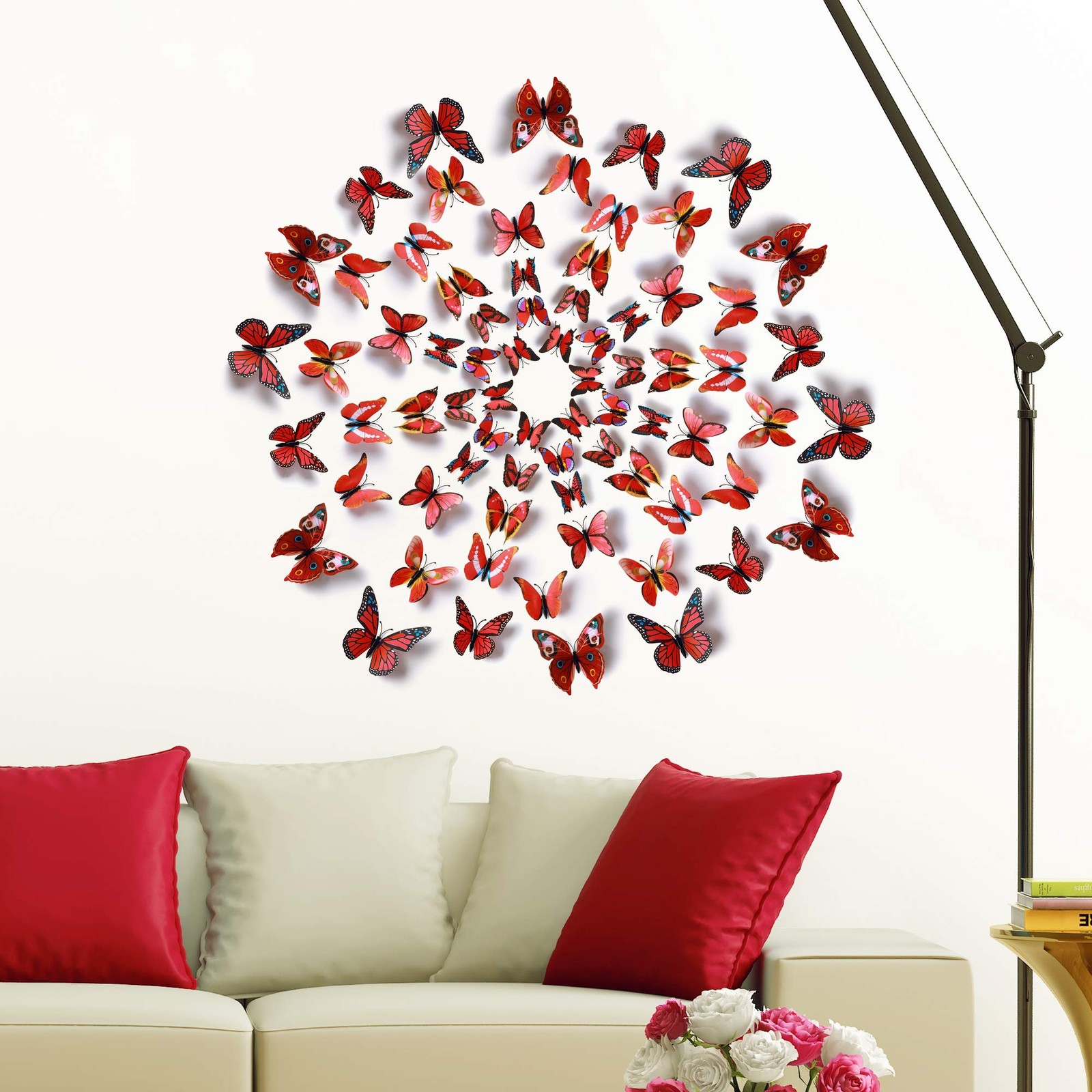 60 Pcs 3D Butterfly Wall Decals Removable DIY Butterfly Art Stickers, Red