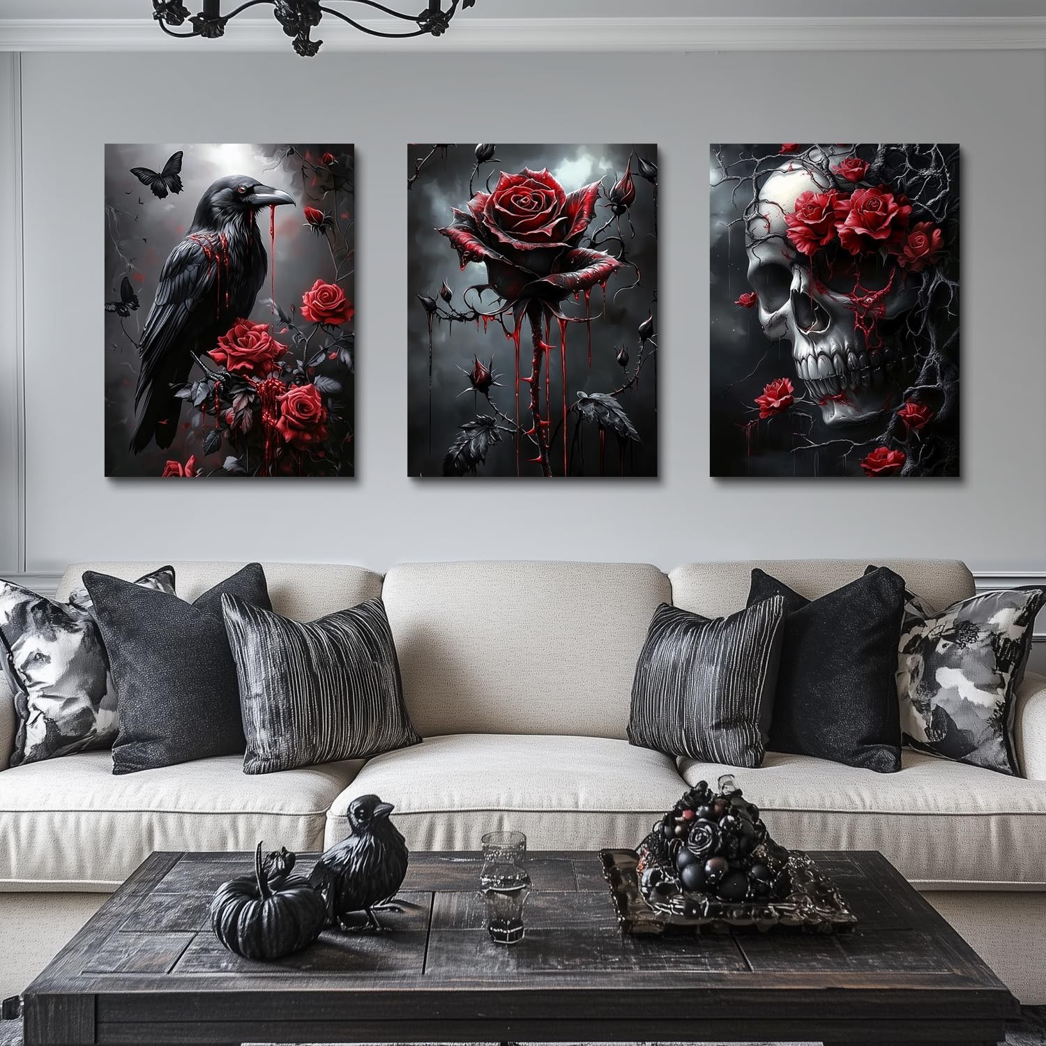 Horror Gothic Canvas Wall Art, Romance Raven Rose Halloween Wall Decor, Blood…