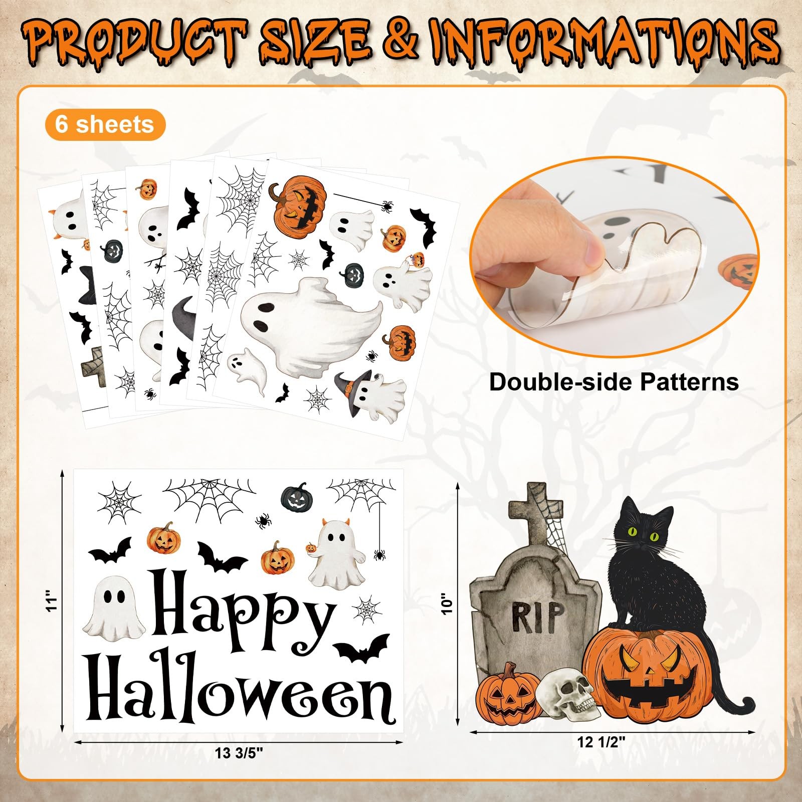 Vintage Halloween Window Clings 6 Sheets, Large Retro Size, Multicolor