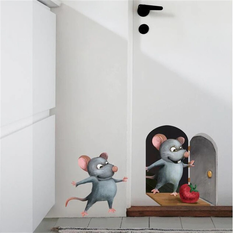 3D Mouse Hole Realistic Wall Sticker Cartoon Decal Fun Art Kids Vinyl Home Decor