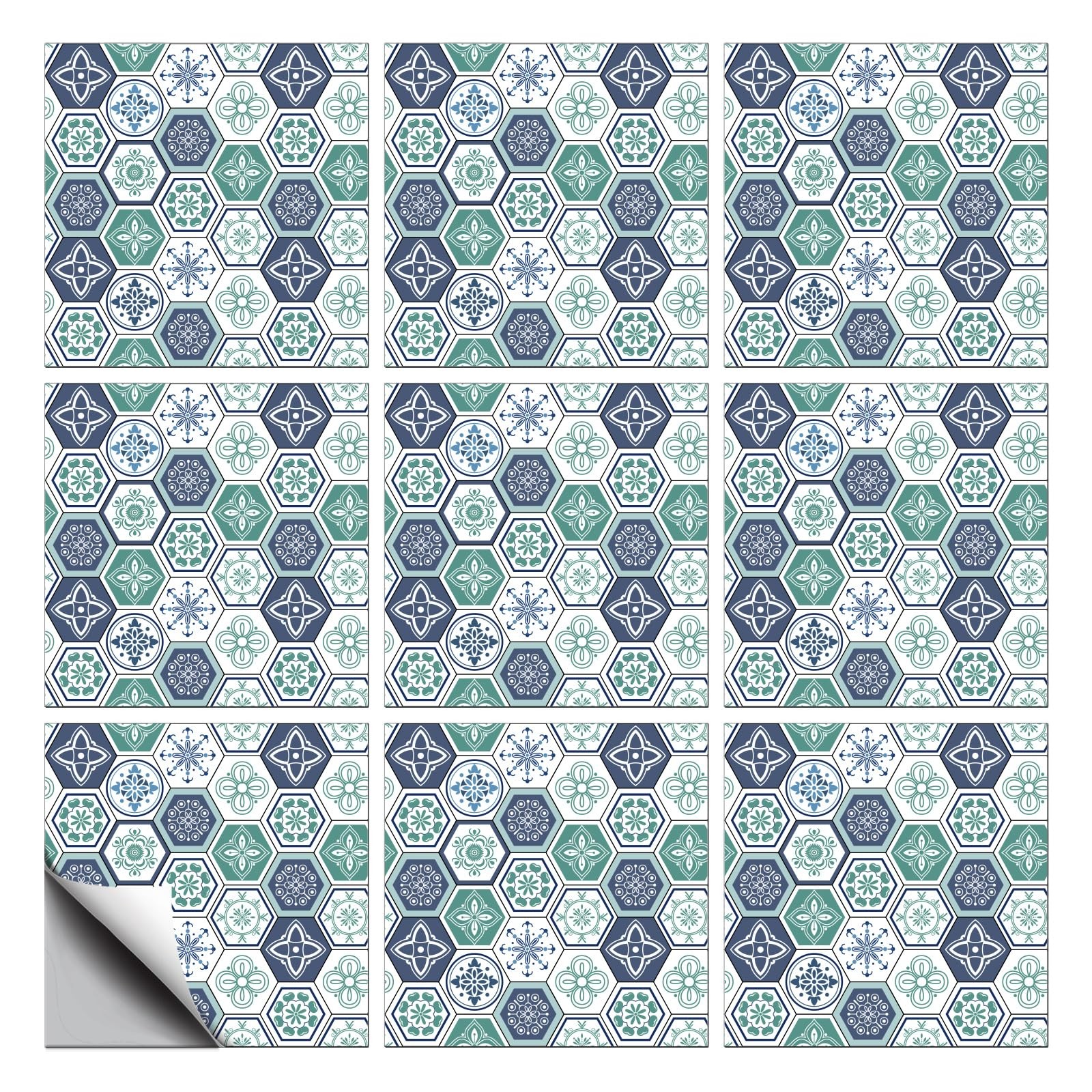 18 Pcs Blue and Green Geometric Patten Tile Sticker 6×6 Inch Bohemian Graphic…