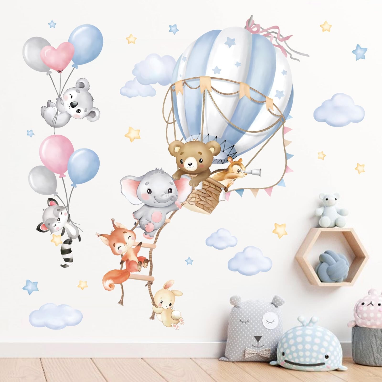 wondever Large Hot Air Balloon Animals Wall Decals Bear Elephant Fox Peel and…