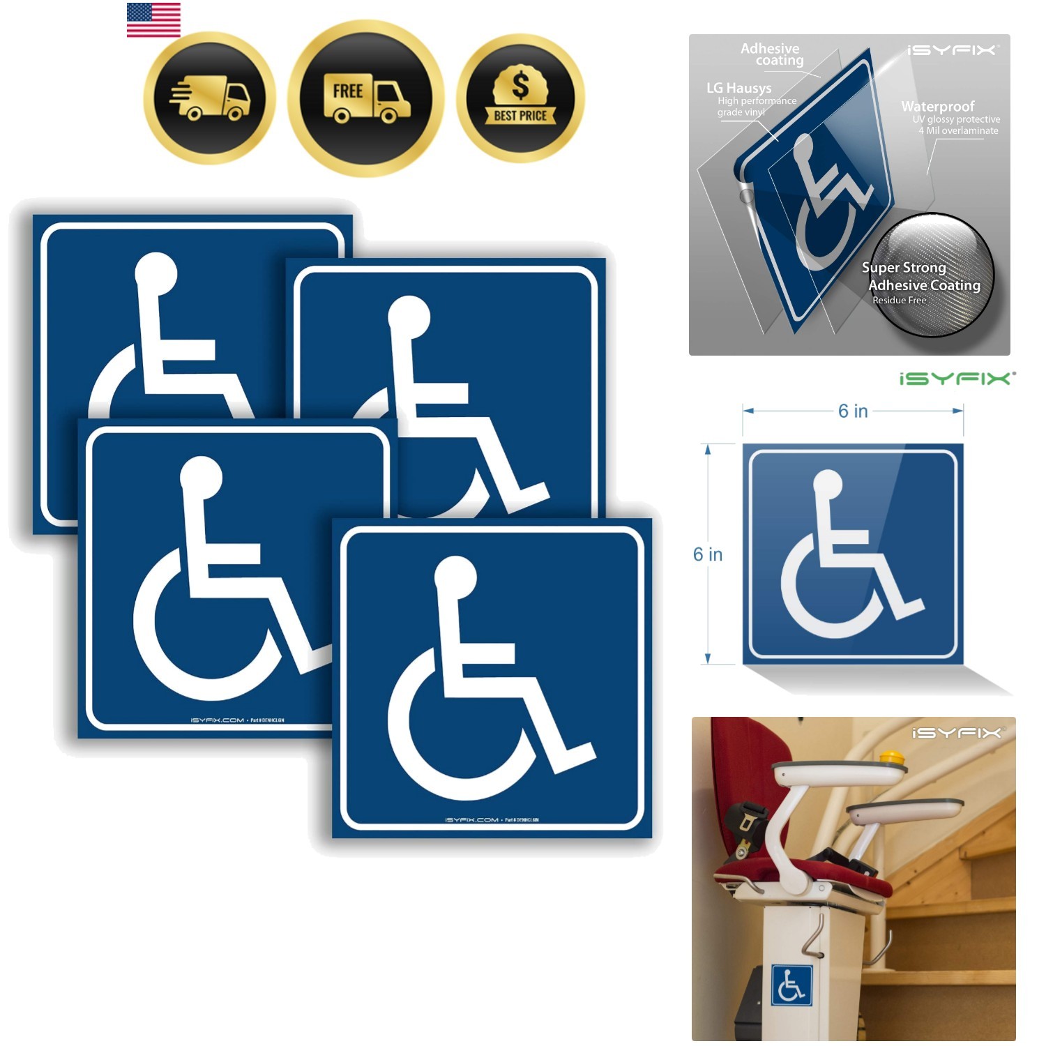 Handicap Signs Stickers Decal Symbol – 4 pack, 6×6 inch – ADA Compliant – Dis…