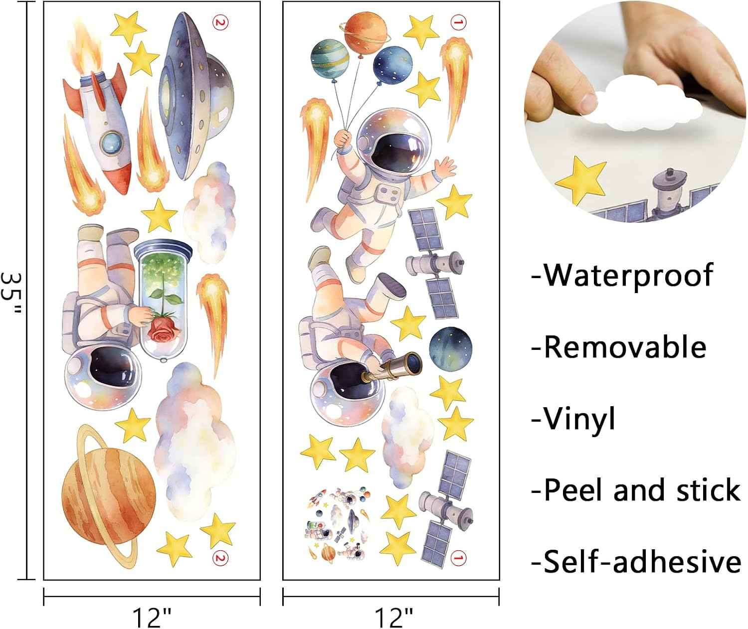 Watercolor Outer Space Astronaut Wall Decals Stickers, Galaxy | Planets Rocket S