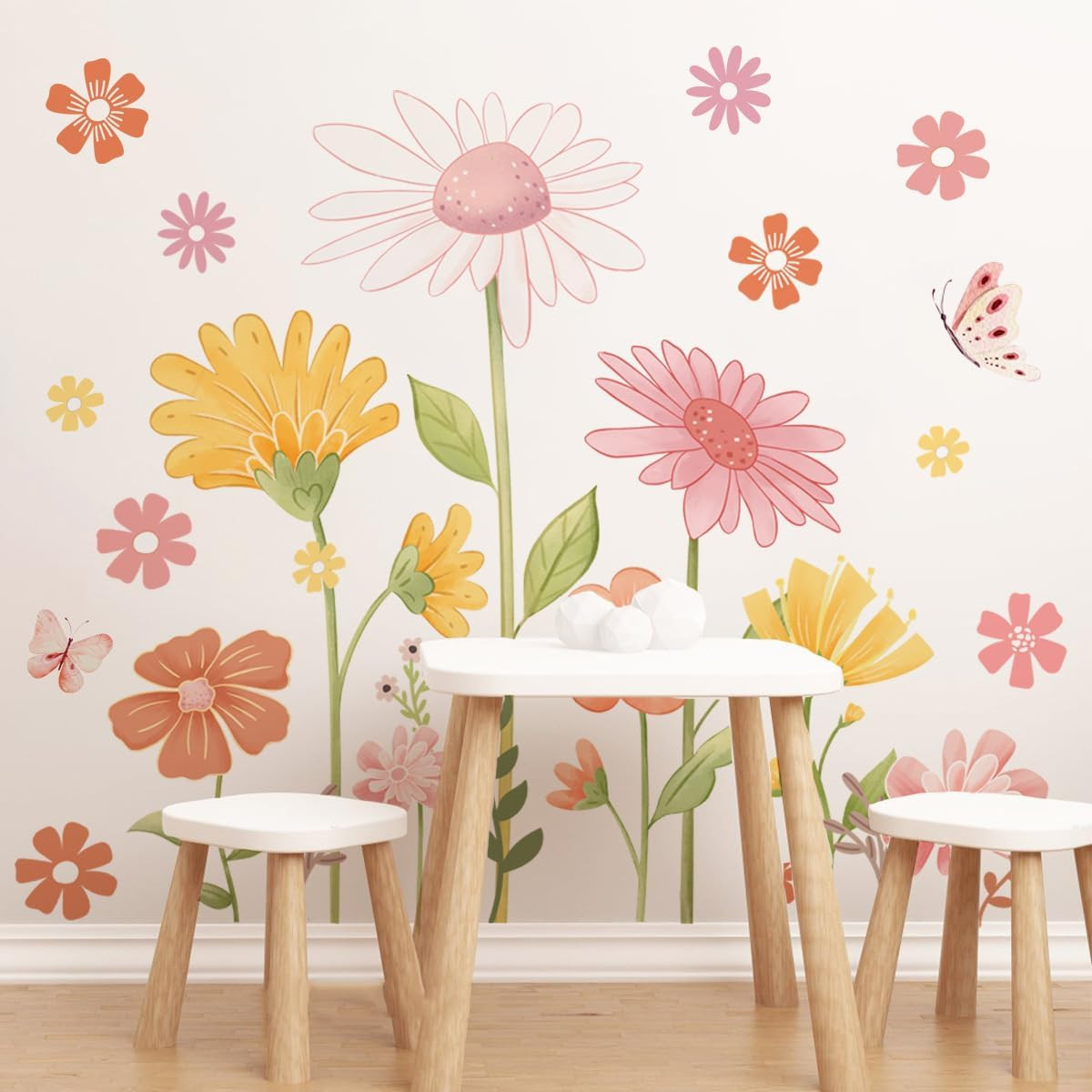 Boho Flower Wall Stickers – Daisy Butterfly Decals, PVC Waterproof Self-Adhesive