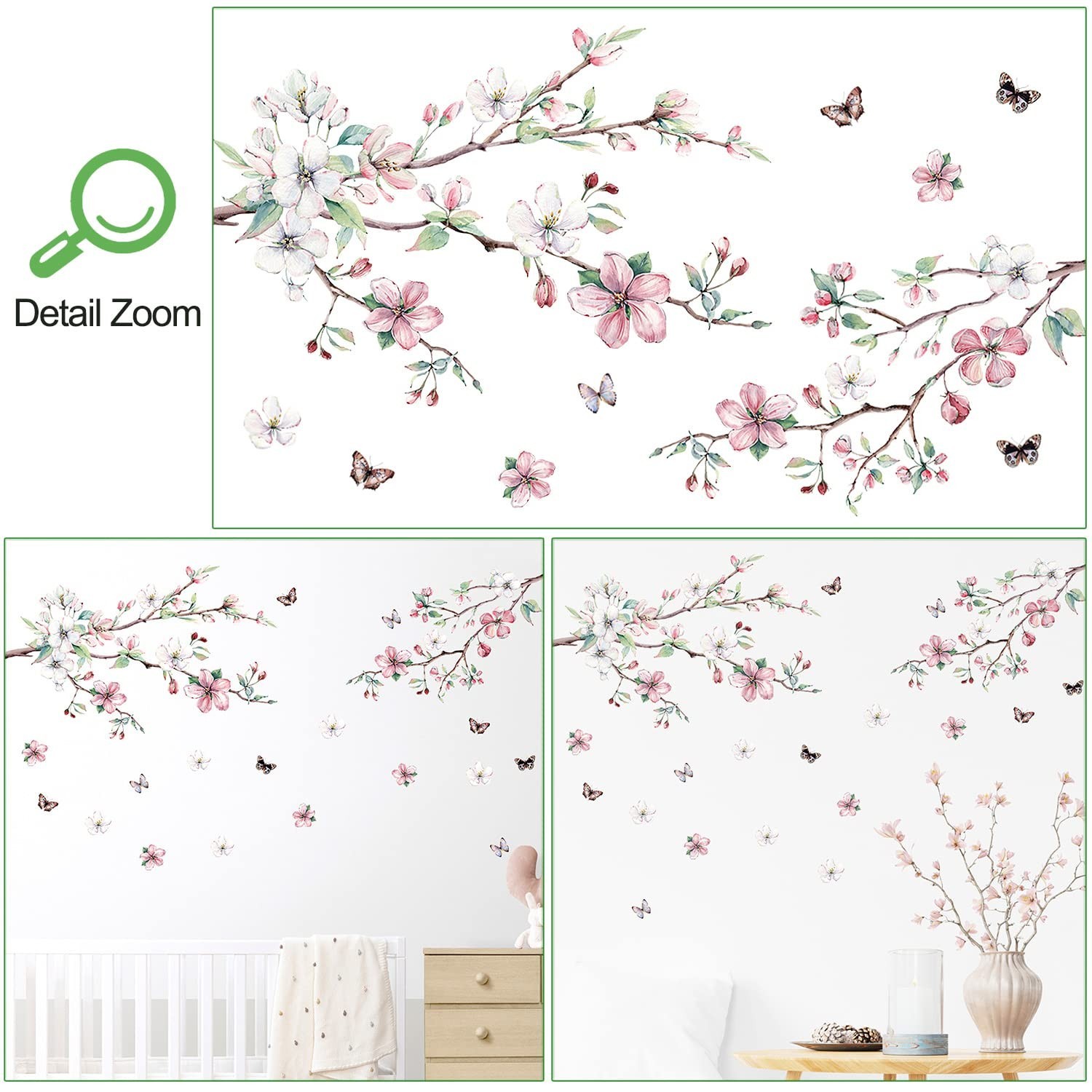 AM AMAONM Removable 3D Ink Style Brown Tree Branches and Pink WhiteFlower Wal…
