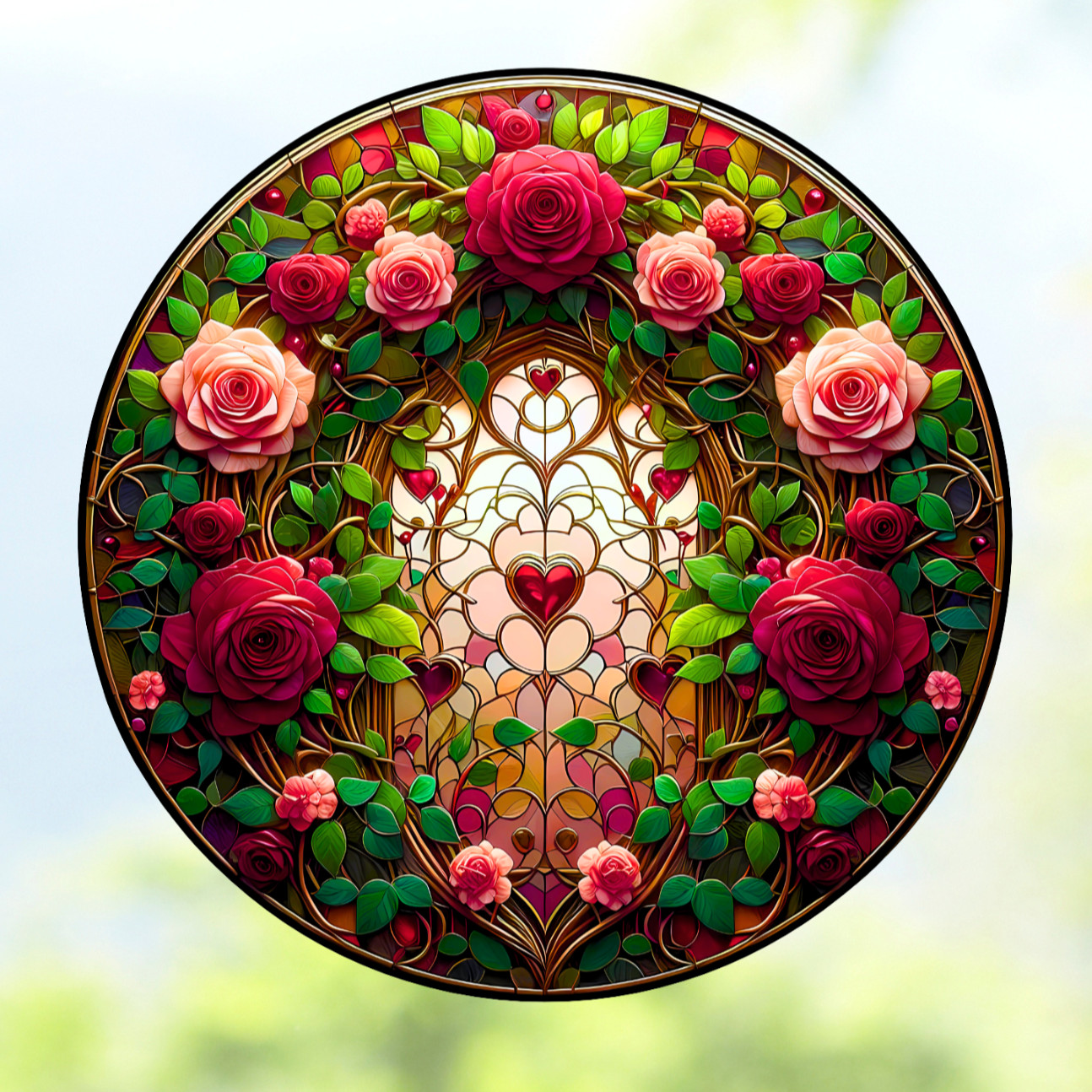 Roses & Heart Faux Stained-Glass WINDOW CLING Suncatcher Size 8" Round