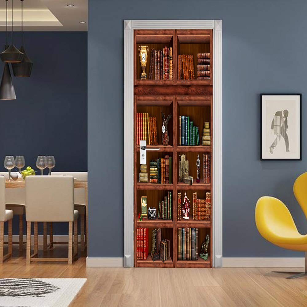 3D Book Shelf Door Mural Wallpaper Stickers -Adhesive Decor Removable for Hom…