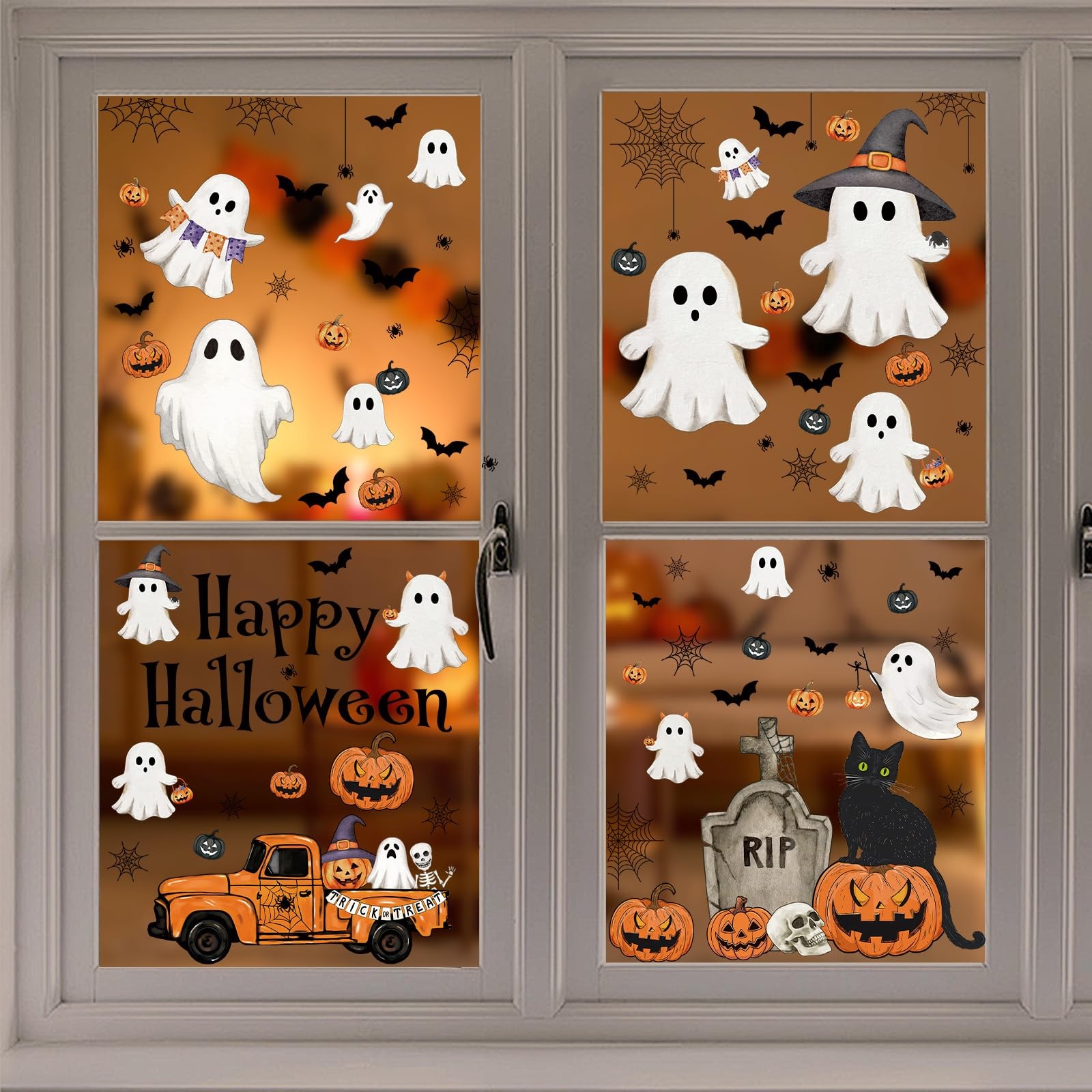 Vintage Halloween Window Clings 6 Sheets, Large Retro Size, Multicolor