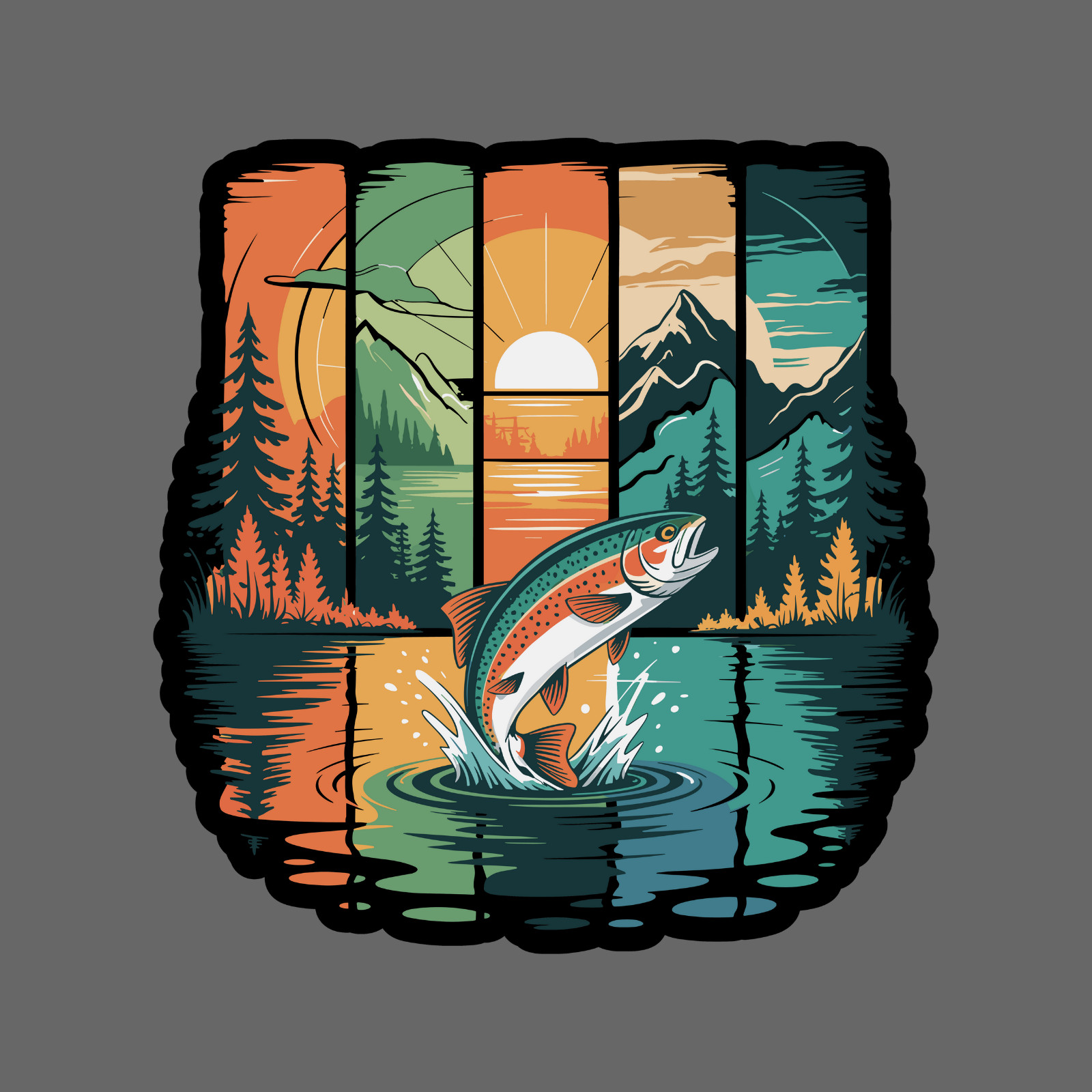 Fishing sticker vinyl decal trout jump mountain lake sunset scenic outdoor art