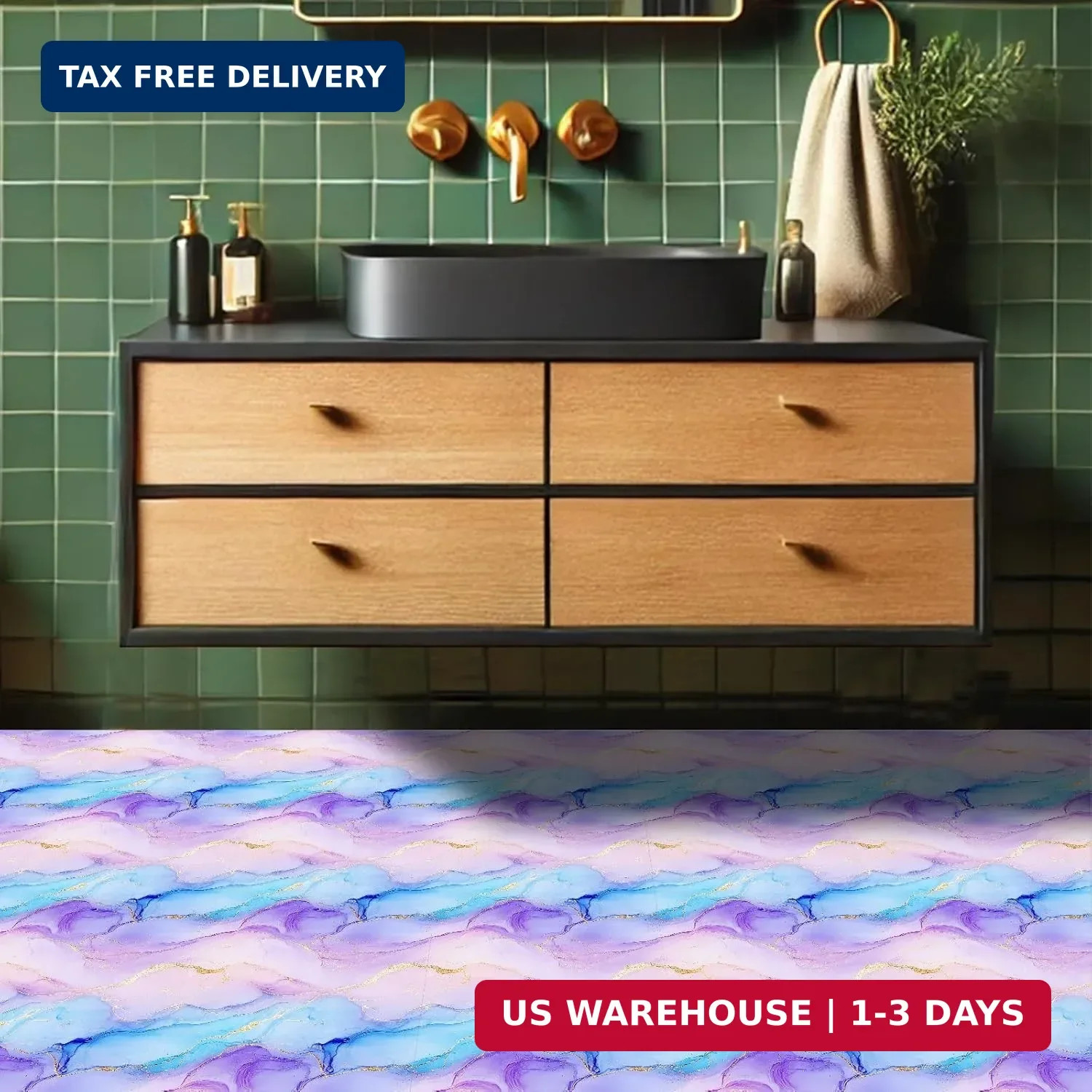 HOMETITUTE Gradient Ink Marble Gold Line Floor 12in Vinyl Tile | Sticker Decal P