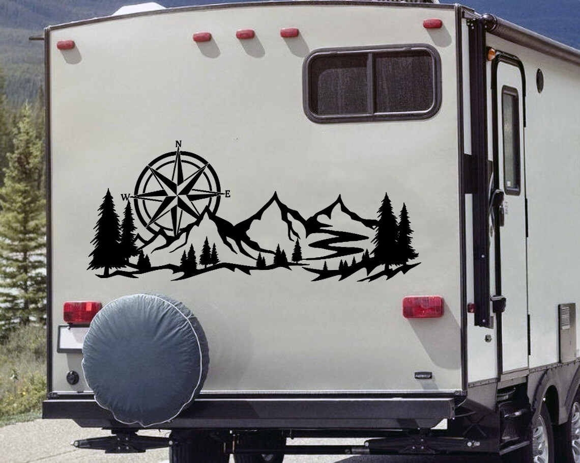 Mountains with Compass Rose Vinyl Decal V2 | Camping RV Travel Trailer Scene