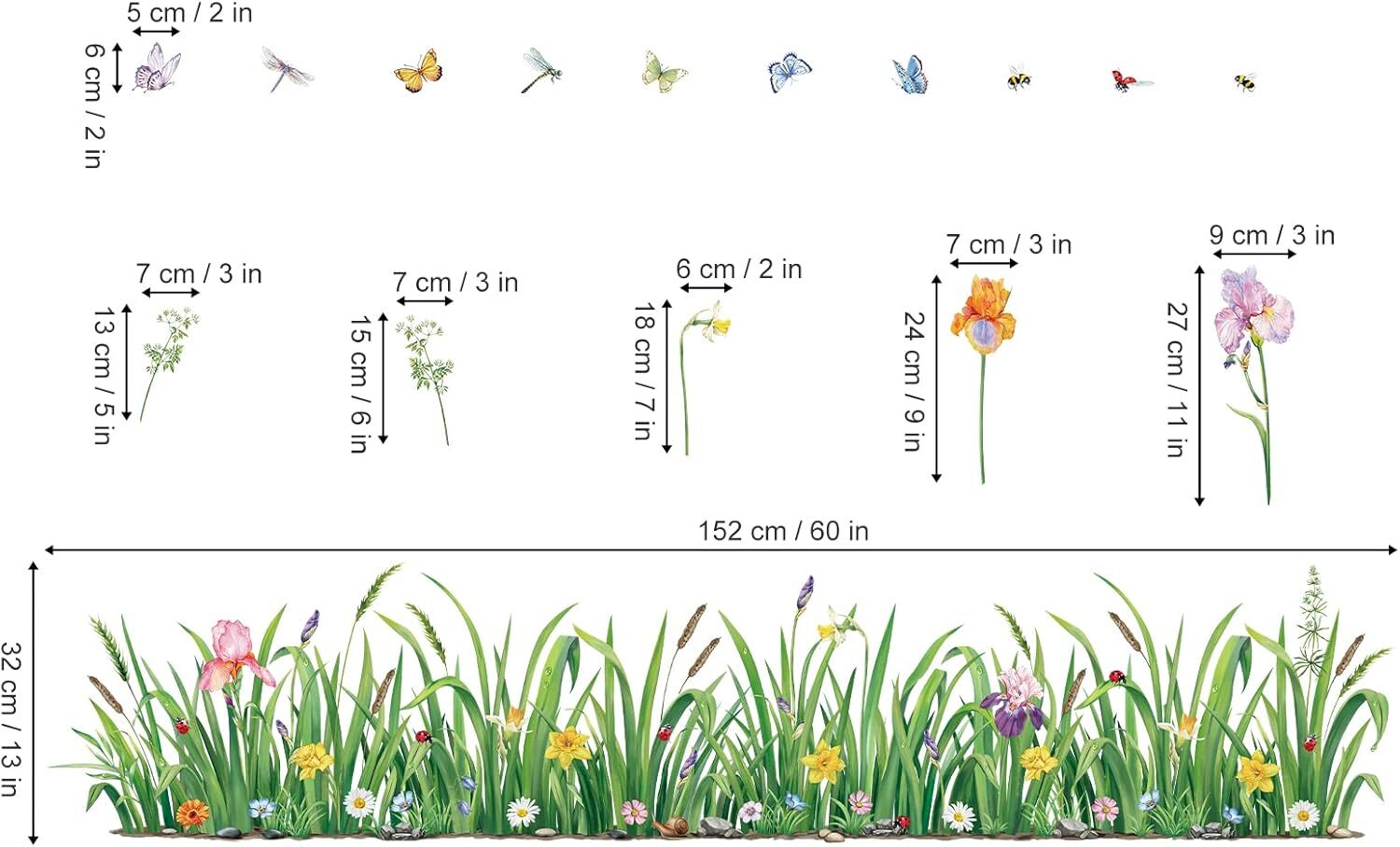 decalmile Green Grass Flower Wall Corner Decals Floral Butterfly Multi Color