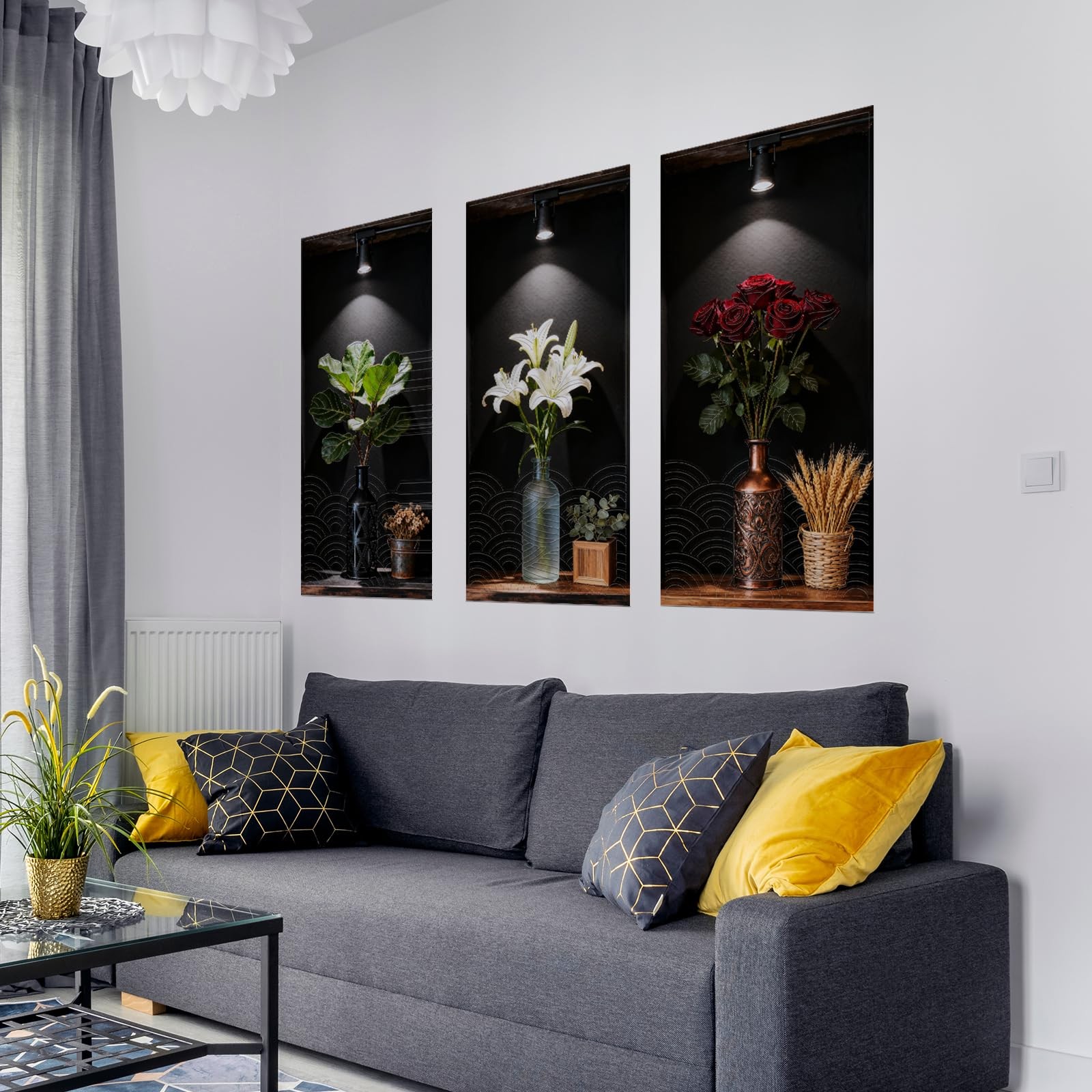 Dark Botanical Style Triptych Wall Stickers, 3 Sheets Floral Wall Decals with…