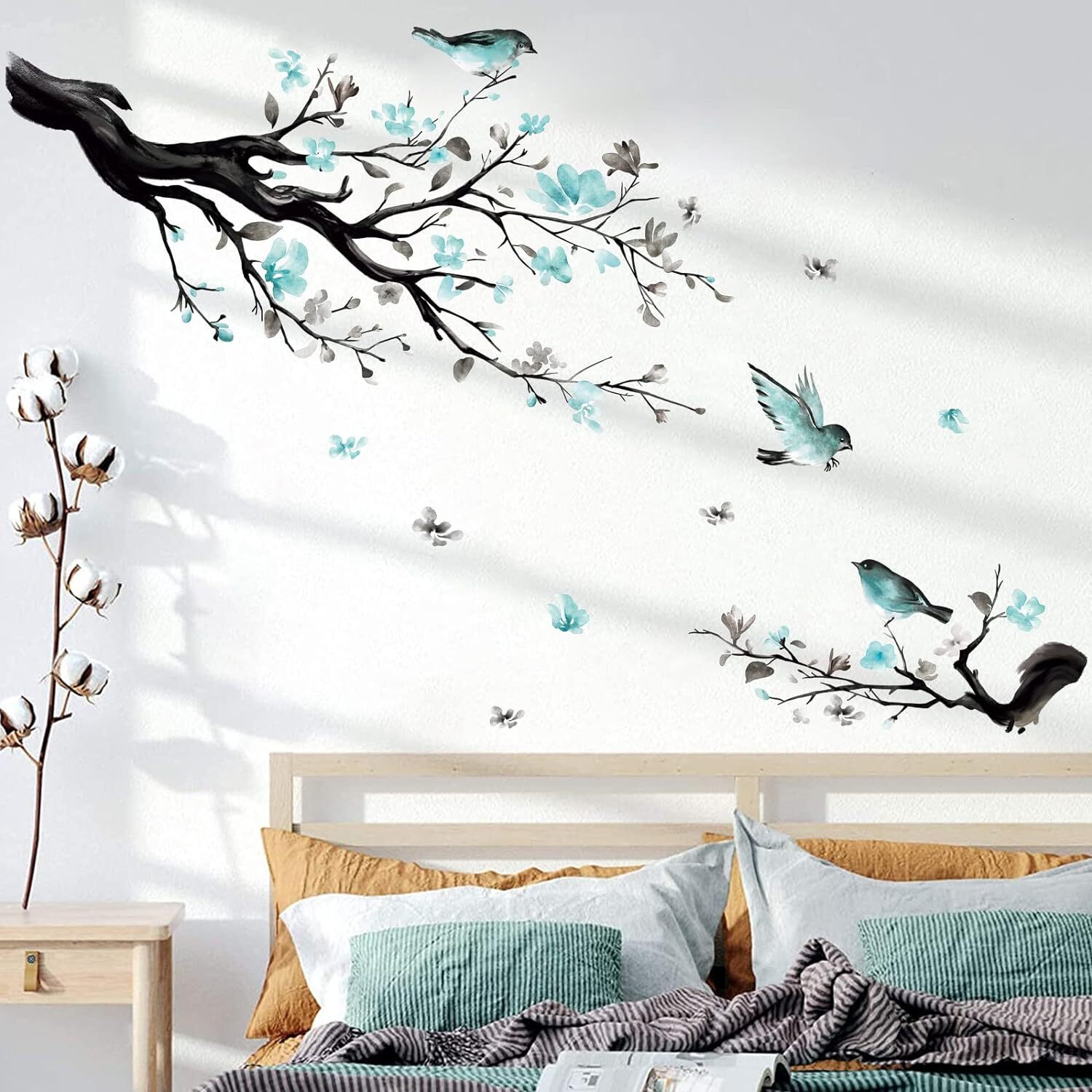 Watercolor Blue Flower Wall Decals Blossom Bird Tree Branch Wall Stickers