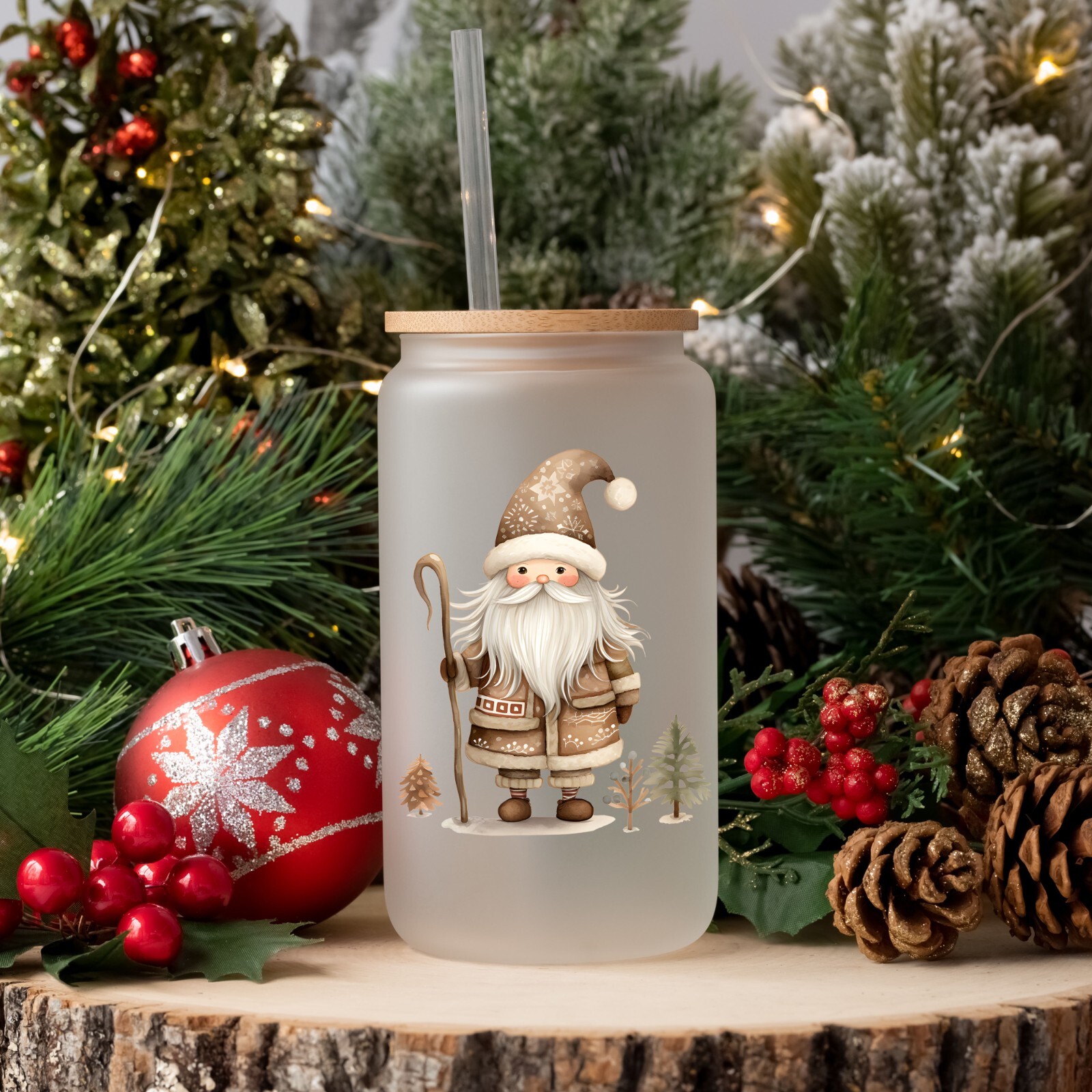 Neutral Christmas Folk Art Santa UV DTF Sticker Transparent Decal