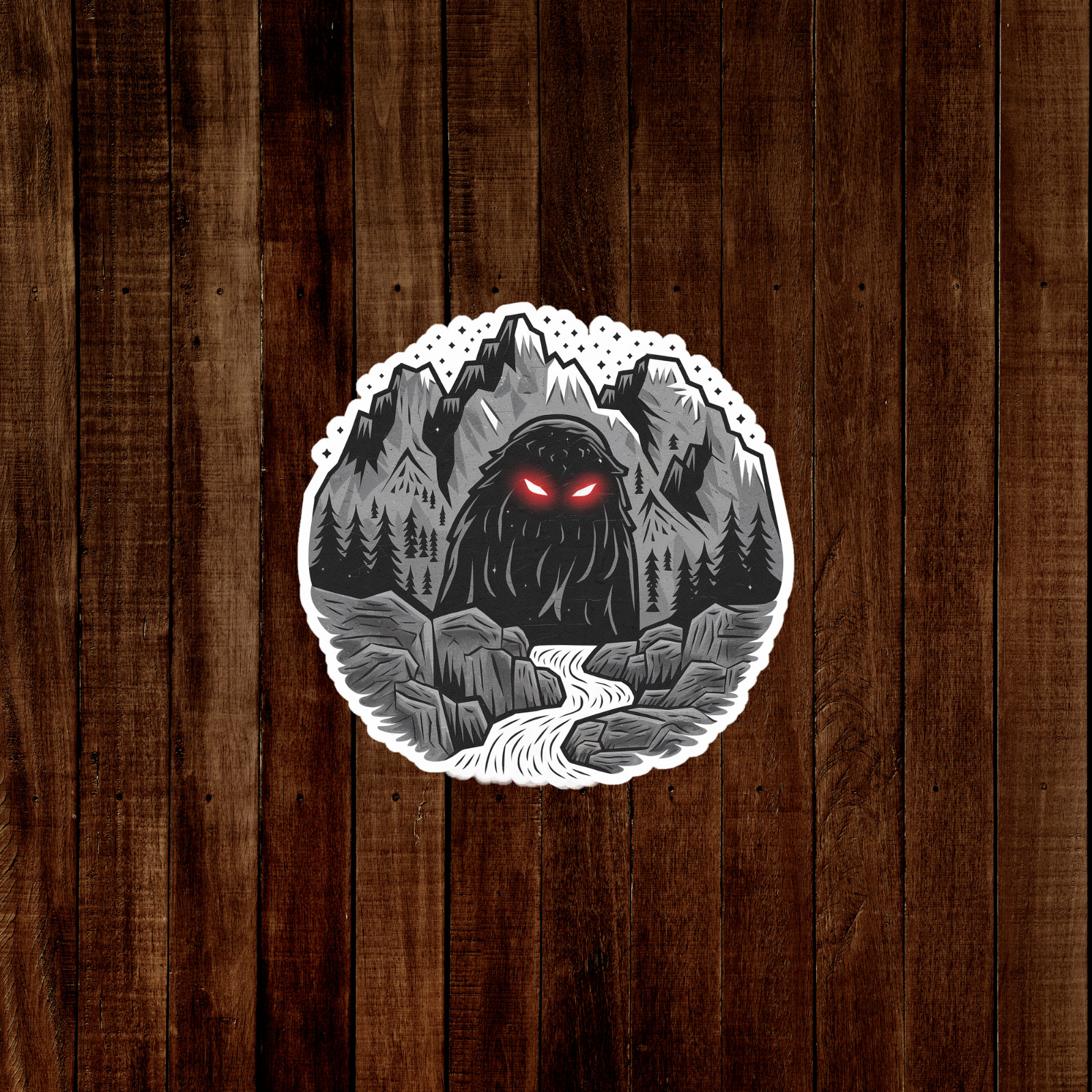 Mysterious Mountain Monster Vinyl Sticker – Creepy Red Eyes in Dark Forest #2532