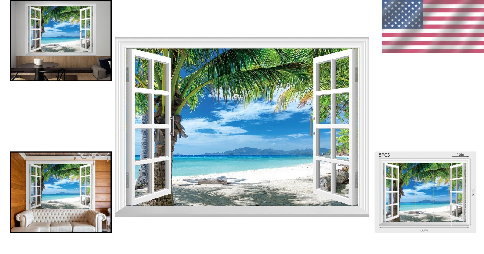 Fake Window Wall Mural – Beach Palm Trees Faux Win