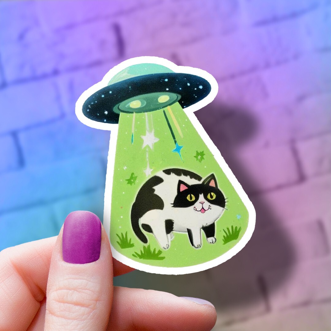 Funny Vinyl Sticker: Kitty Abduction, Cute Cat Decal, Meow, UFO, Flying Saucer