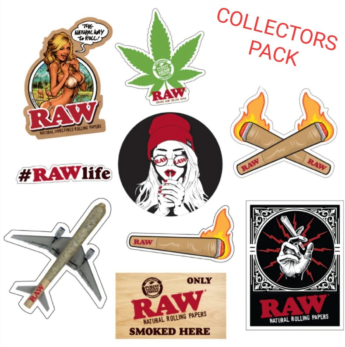RAW NATURAL ROLLING PAPERS / CONES 9 PIECE COLLECTORS STICKER PACKAGE *GENUINE*