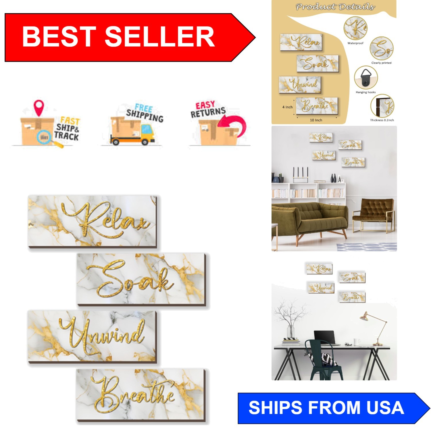 Versatile Wooden Wall Art Set in White Gold – Ideal for Bathroom & Living Spaces