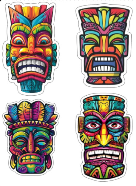 Colorful Tiki Mask Sticker Pack (4) Tribal Totem Waterproof Stickers Hawaii Mug