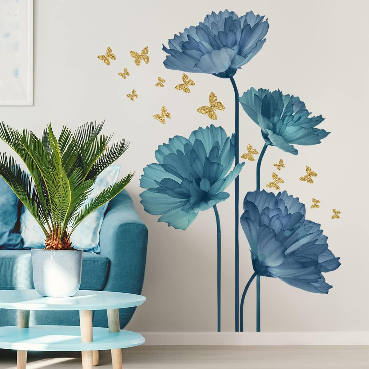 Large Blue Flower and Butterfly Wall Decals for Home Decor