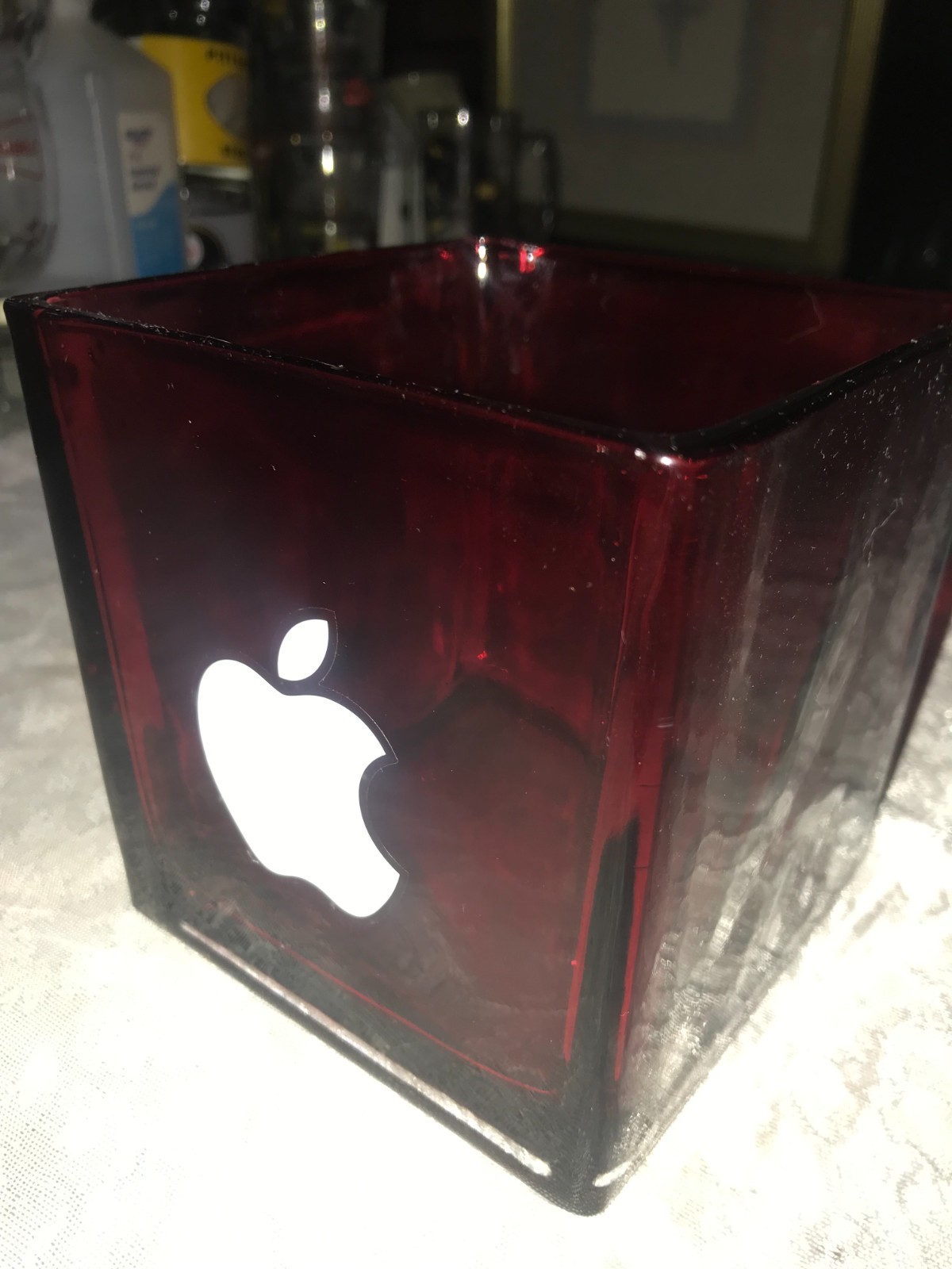 APPLE Inc. WHITE Iconic LOGO Red HEAVY Glass VASE Planter BOWL 4¾" SQUARE Cube