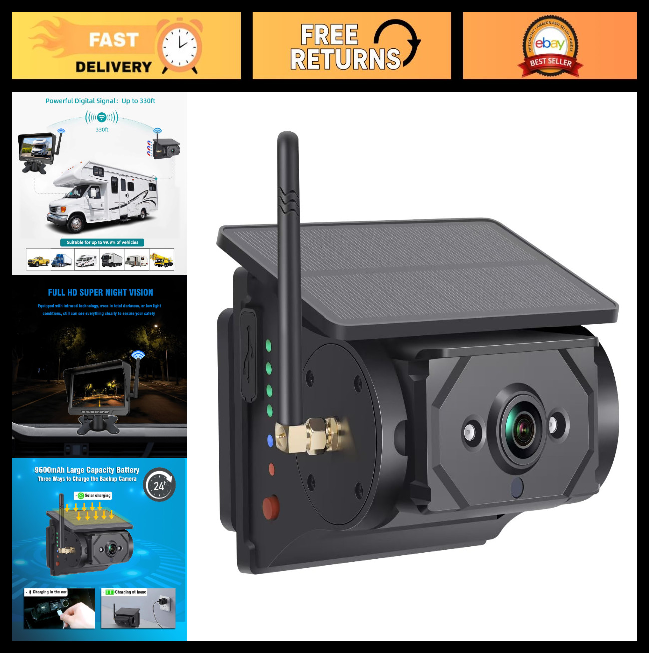 Magnetic Solar Wireless Backup Camera for 5"/7"/10" DVR – 1080P Rechargeable Rea