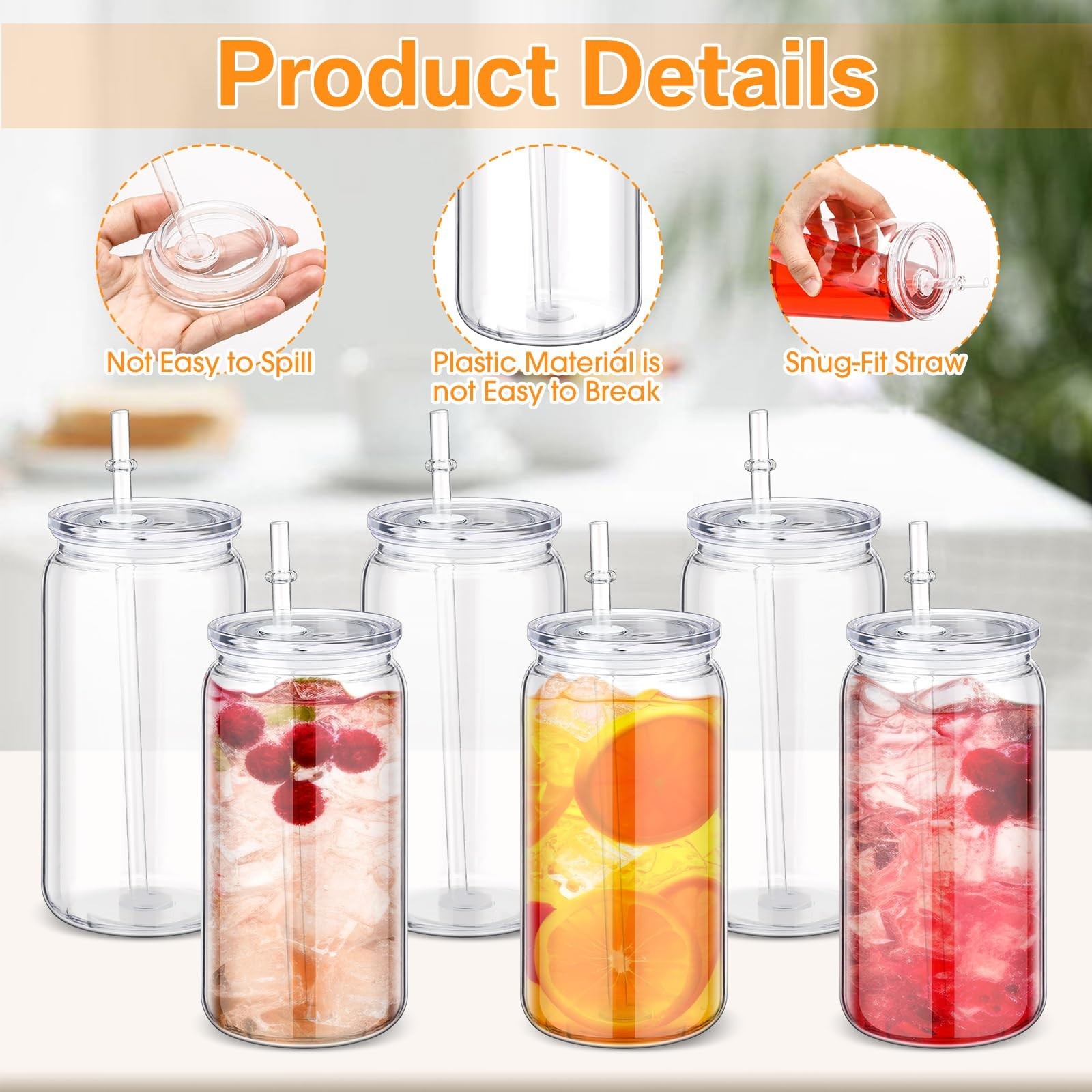 6 Pack Acrylic Mason Jars with Lids and Straws 16 oz Drinking Plastic Tumbler…