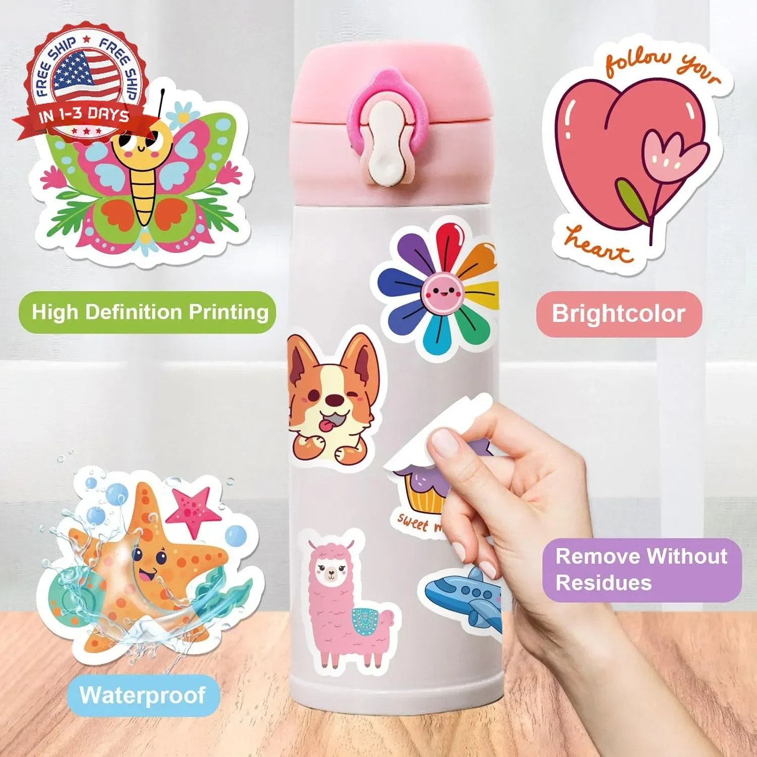 100 Pcs Waterproof Vinyl Kawaii Stickers for Water Bottles Laptops Skateboards f
